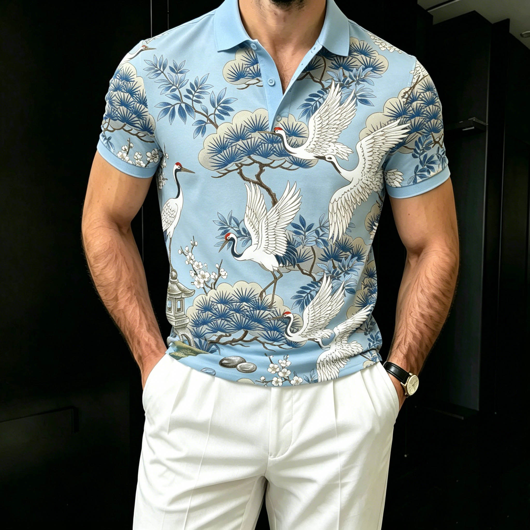Men's Casual Light Blue Color Retro Style Printed Short Sleeves Polo Shirt