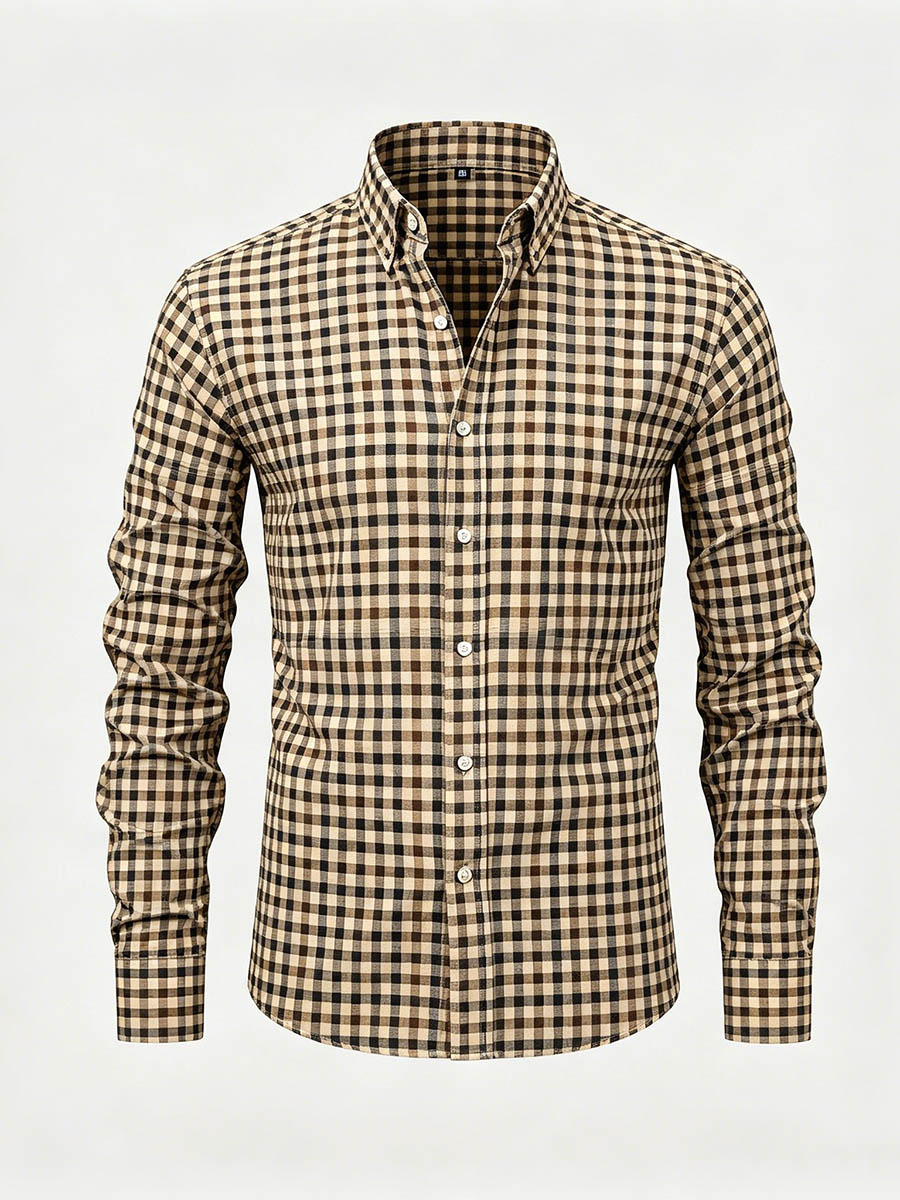 Men's Khaki Color Matching Checkered Printed Long Sleeve Shirt