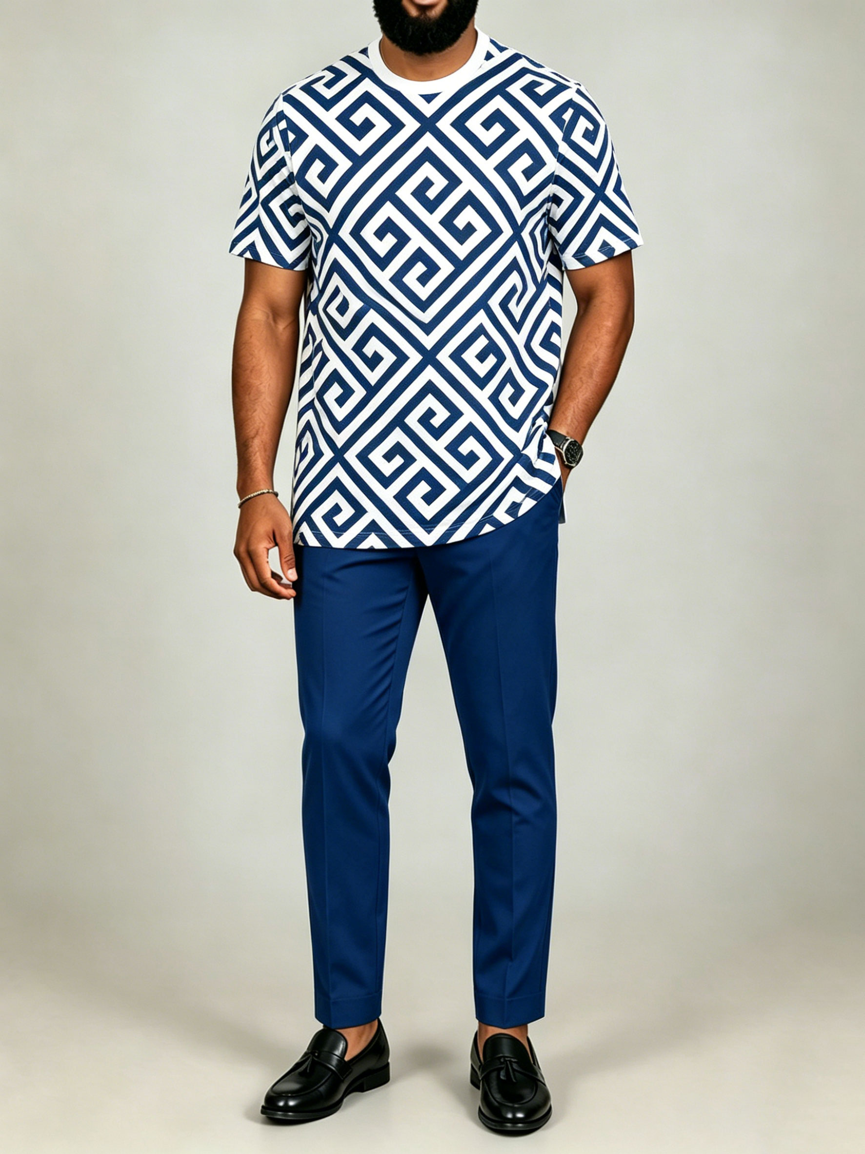 Men's Royal Blue Color Matching Ethnic Printed Short-Sleeved Suit
