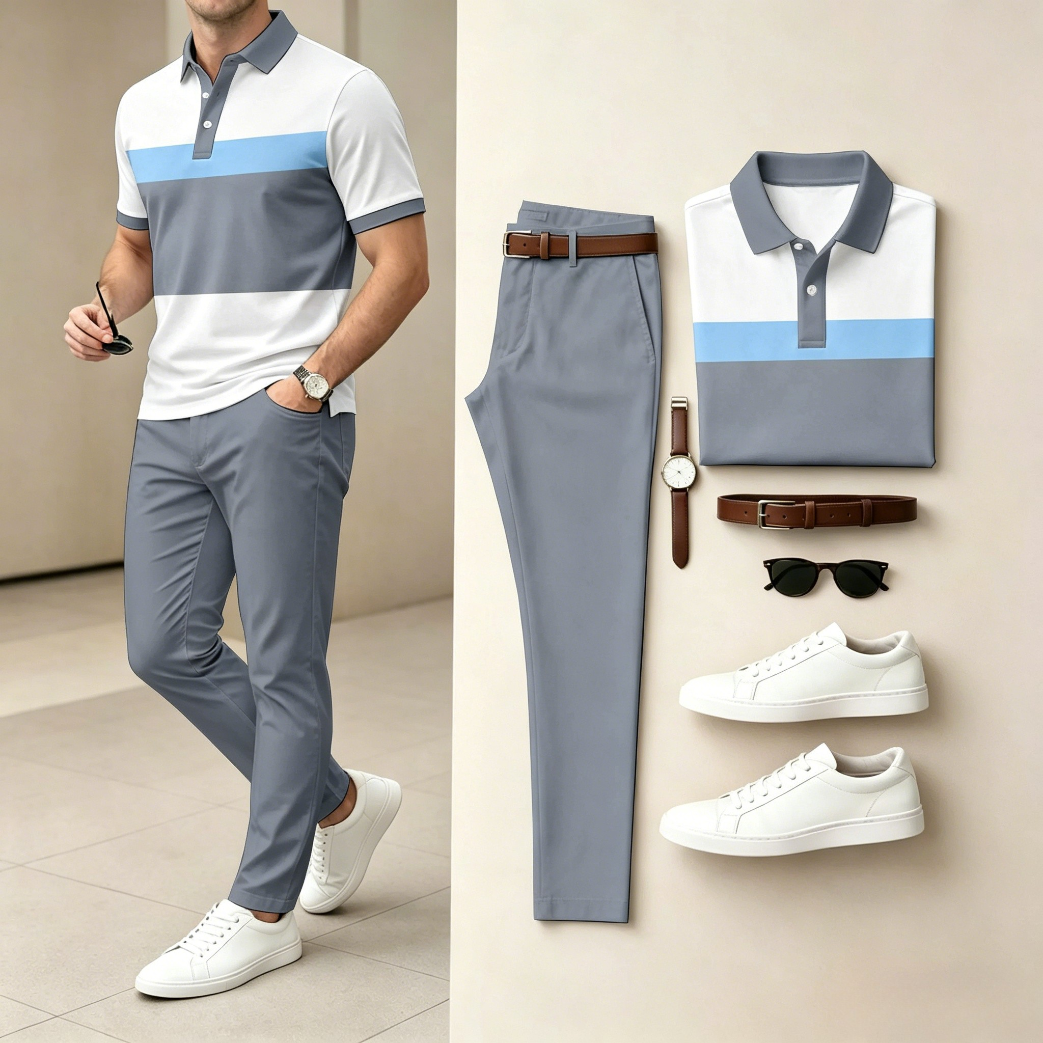 Men's Casual Gray & White Geometry Printed Polo Shirt And Pants Two-Piece Set