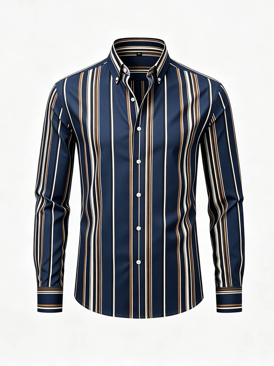 Men's Navy Blue Color Matching Striped Printed Long Sleeve Shirt