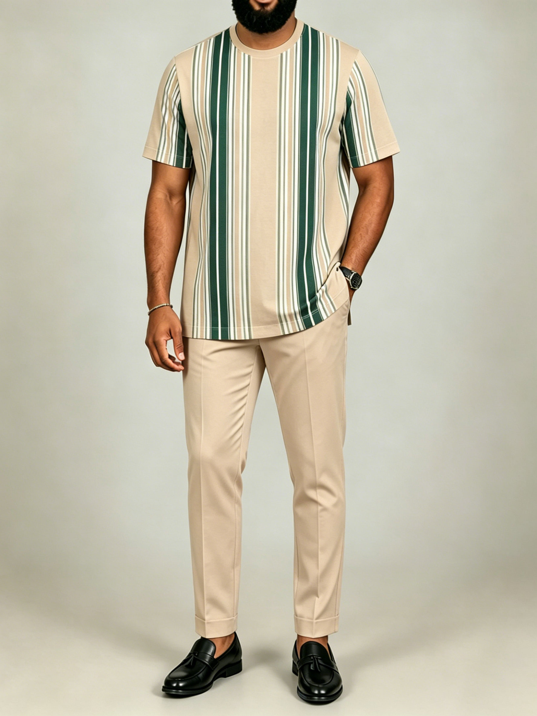 Men's Apricot Color Matching Striped Printed Short-Sleeved Suit