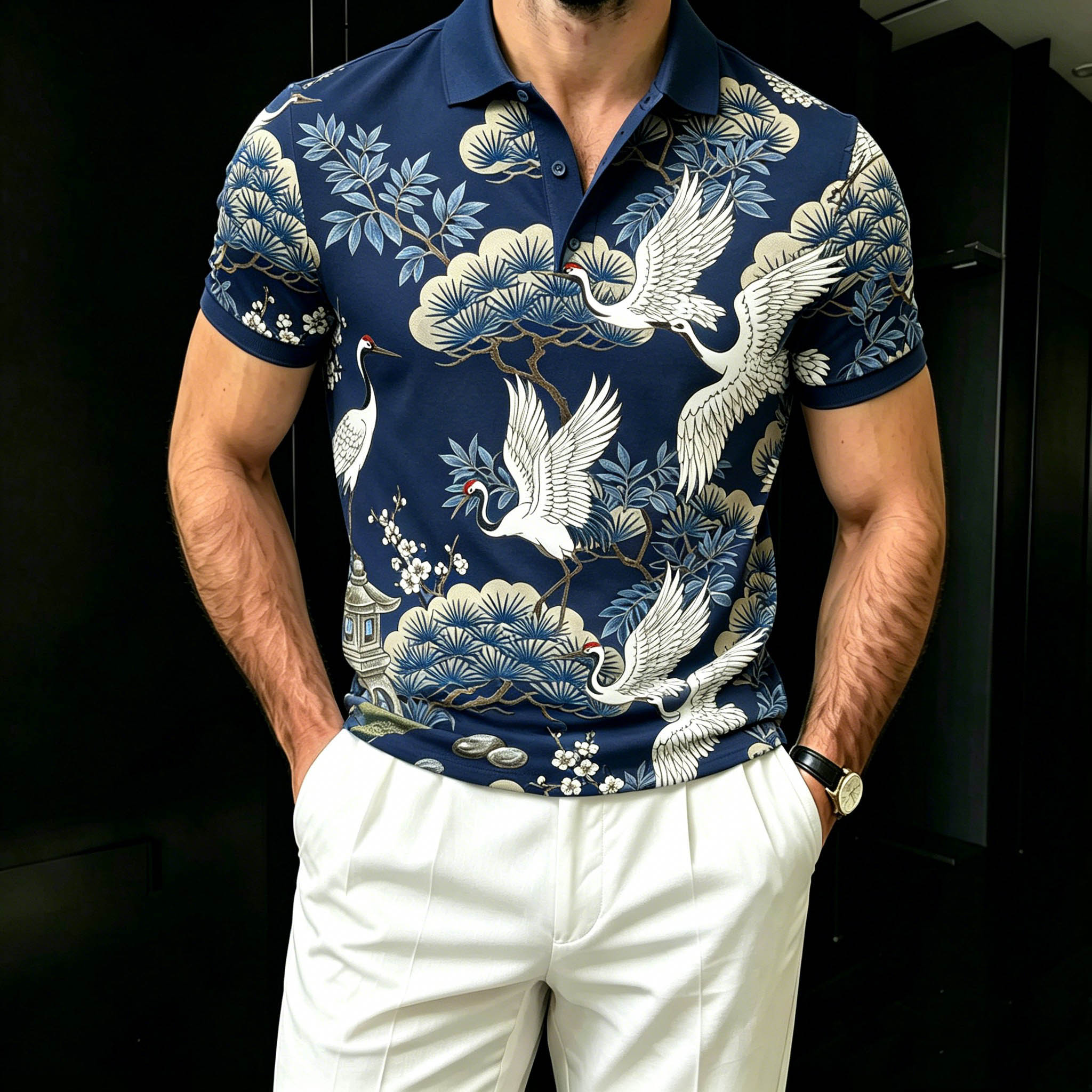 Men's Casual Navy Blue Color Retro Style Printed Short Sleeves Polo Shirt