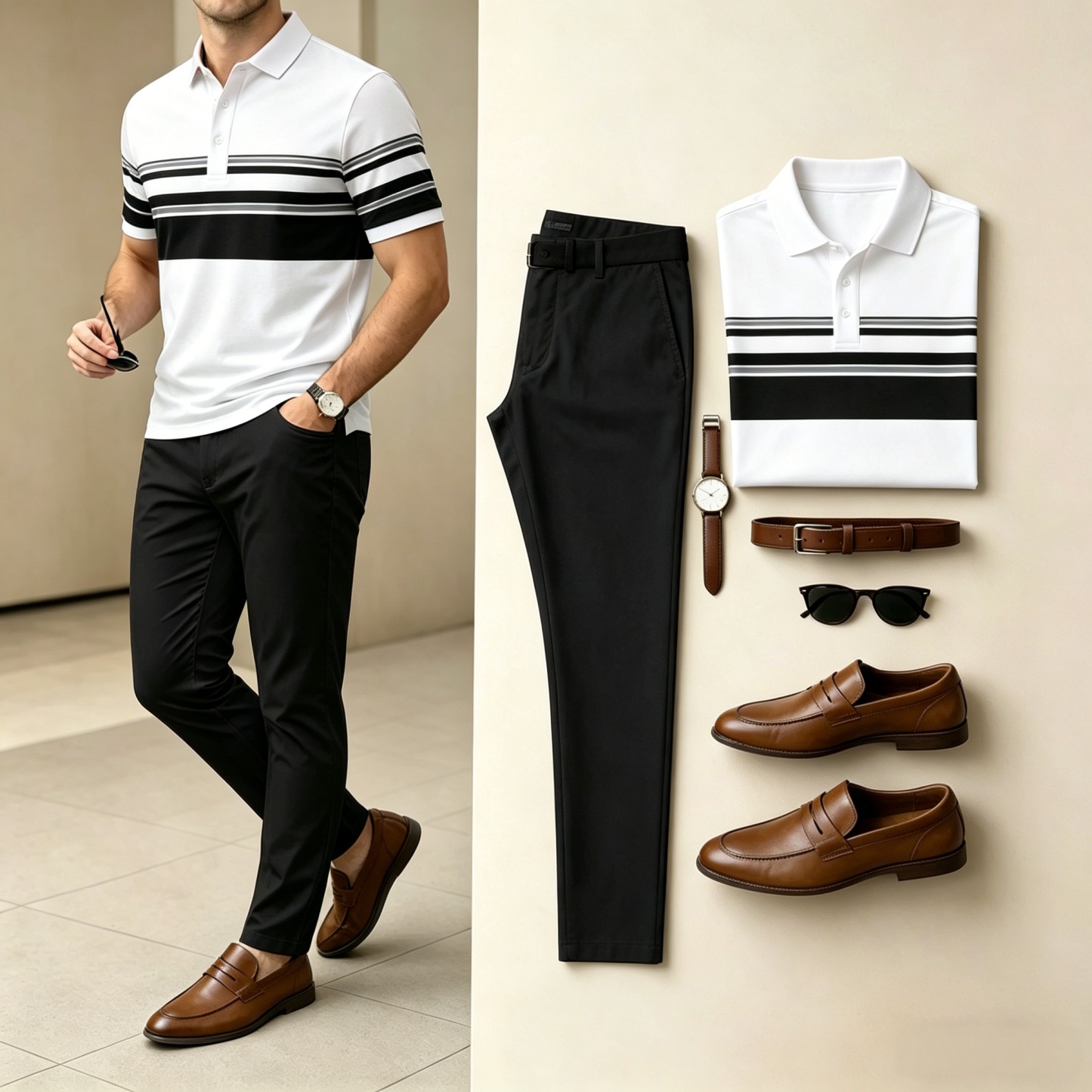 Men's Casual Horizontal Striped Printed Polo Shirt And Pants Two-Piece Set