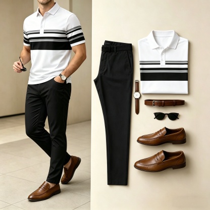 Men's Casual Horizontal Striped Printed Polo Shirt And Pants Two-Piece Set