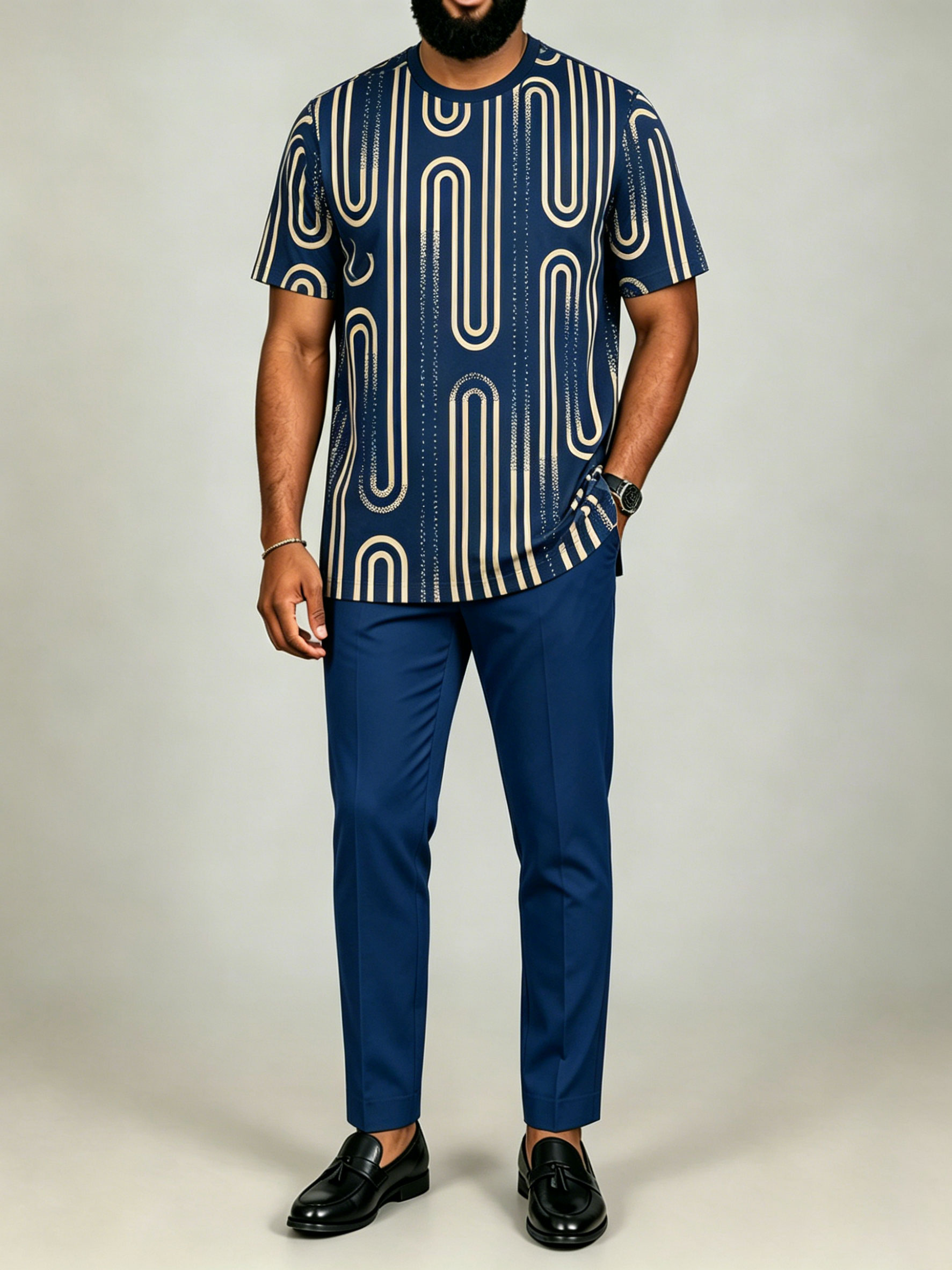 Men's Navy BLUE Color Matching Striped Printed Short-Sleeved Suit