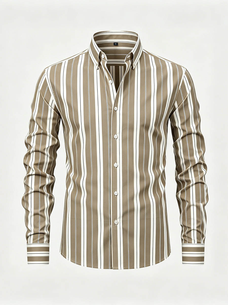 Men's Khaki & Striped Color Matching Striped Printed Long Sleeve Shirt