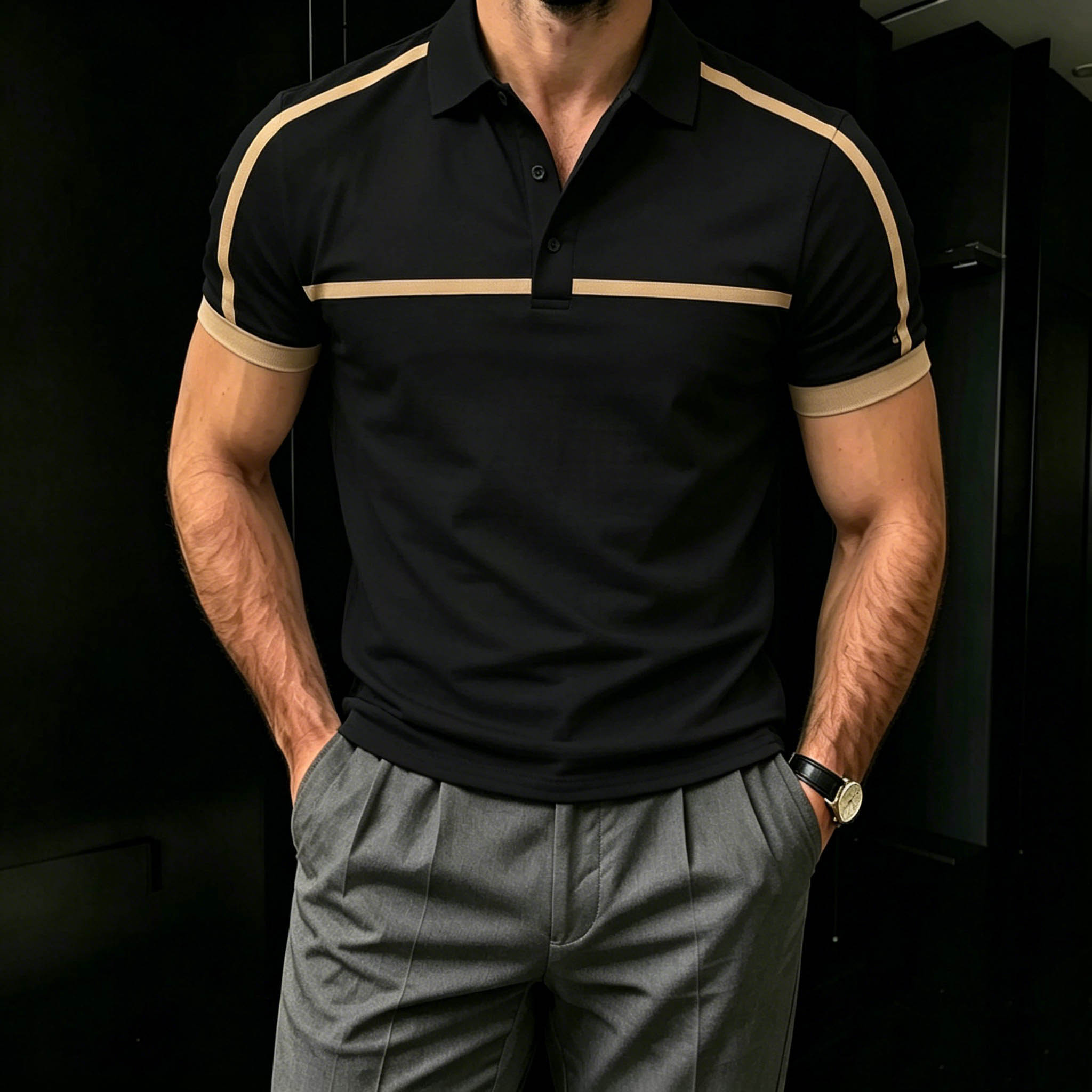 Men's Casual Black & Tan Color Matching Striped Printed Short Sleeves Polo Shirt
