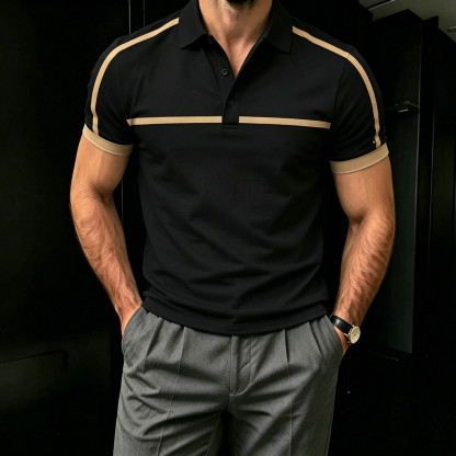 Men's Casual Black & Tan Color Matching Striped Printed Short Sleeves Polo Shirt