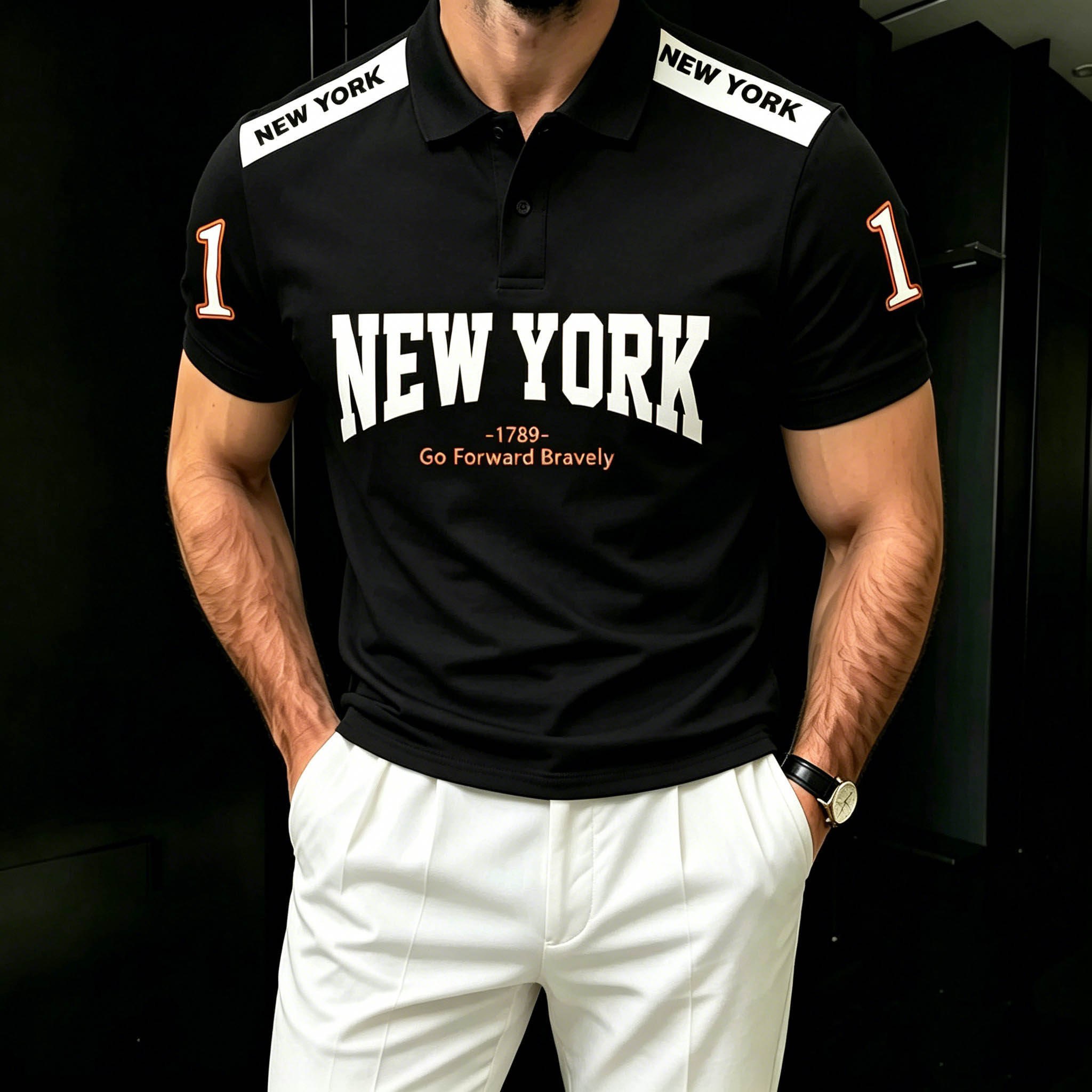 Men's Casual Black & White Color Matching "NEW YORK" Printed Short Sleeves Polo Shirt