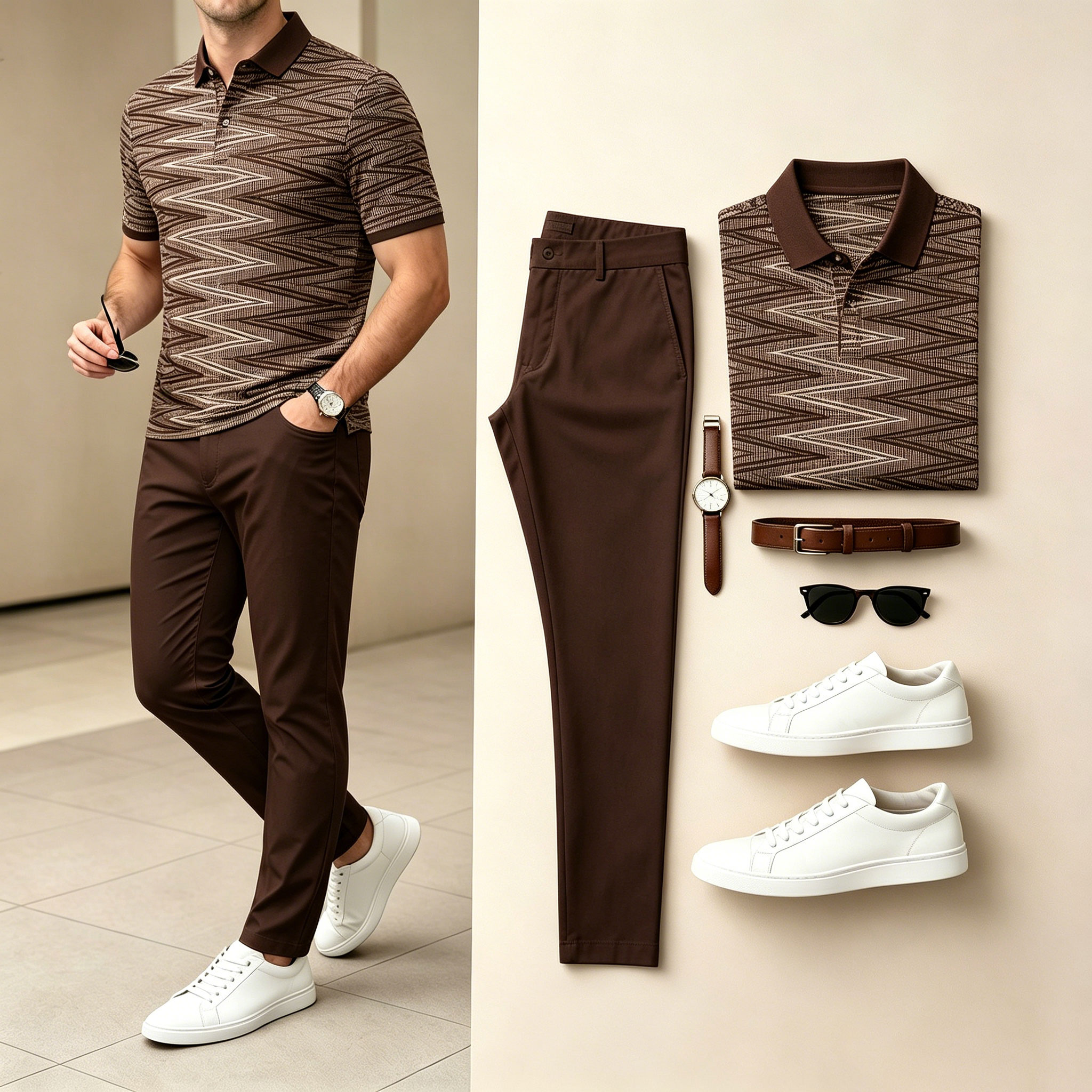 Men's Coffee & Khaki Color Matching Striped Printed Short Sleeves Polo Shirt & Jeans Two-Piece Set