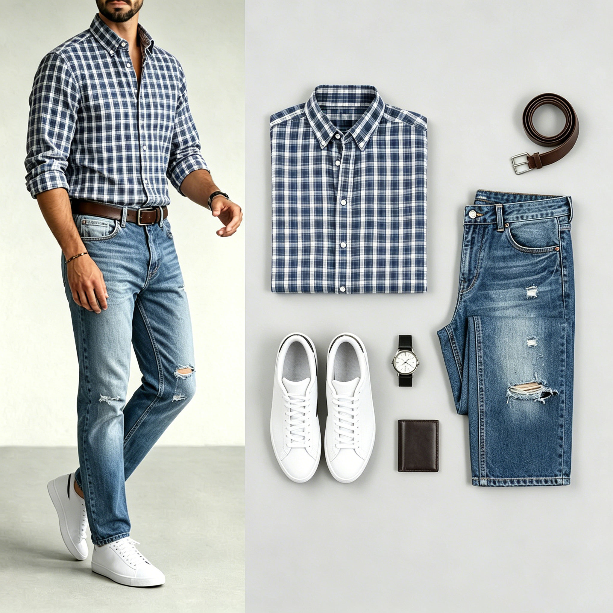 Men's Navy Blue & White Color Matching Retro Style Plaid Printed Lapel Collar Long Sleeves Shirt & Jeans Two-Piece Set