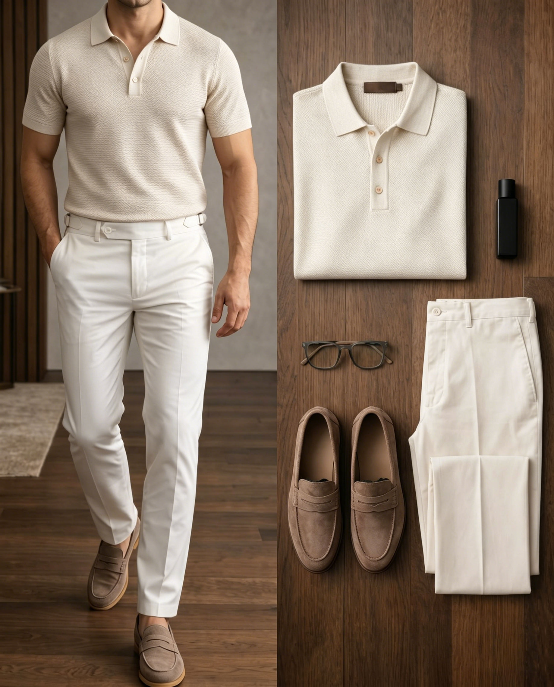 Men's Beige & White Color Matching Retro Style Short Sleeves Knit T-Shirt & Jeans Two-Piece Set