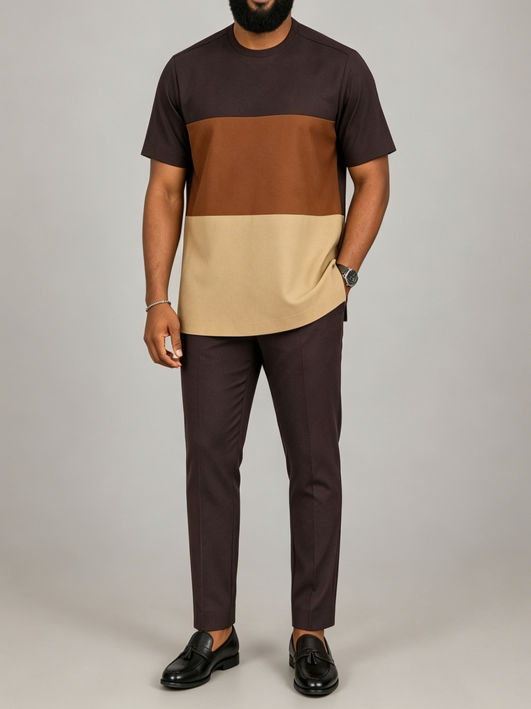 Men's Coffee Contrasting Color Printed Short-Sleeved Suit