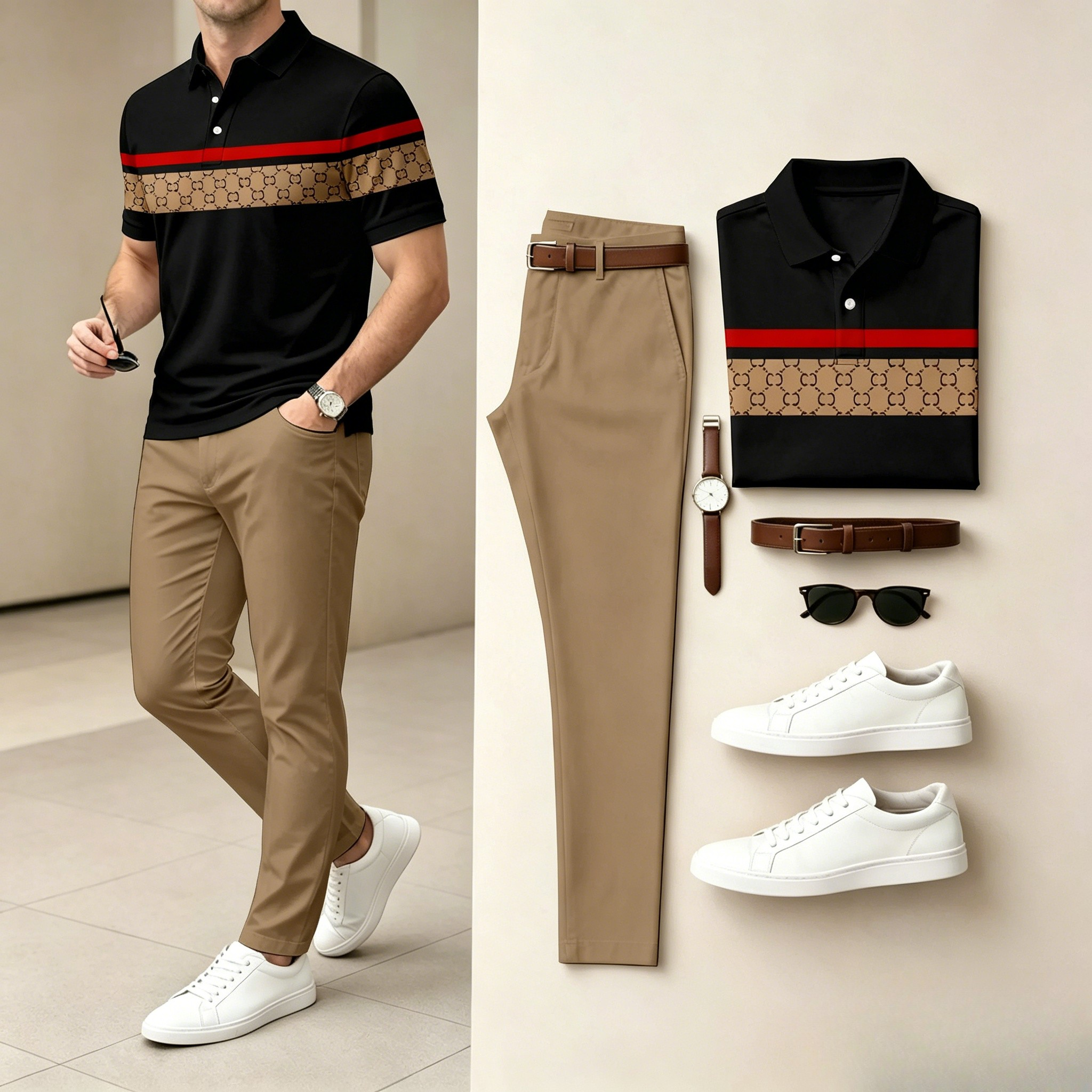 Men's Casual Black Plaid Printed Polo Shirt And Pants Two-Piece Set