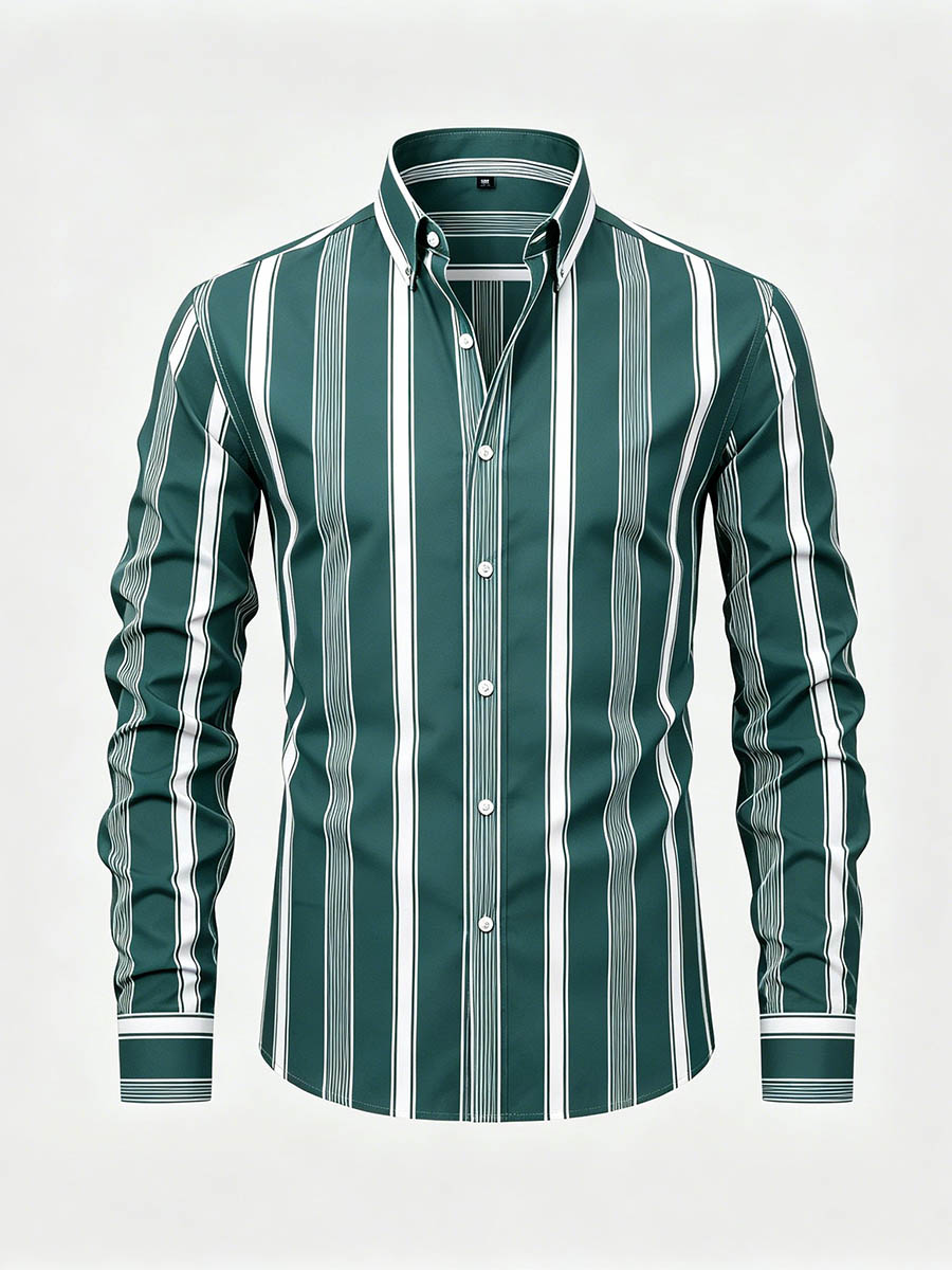 Men's Green & White Color Matching Striped Printed Long Sleeve Shirt