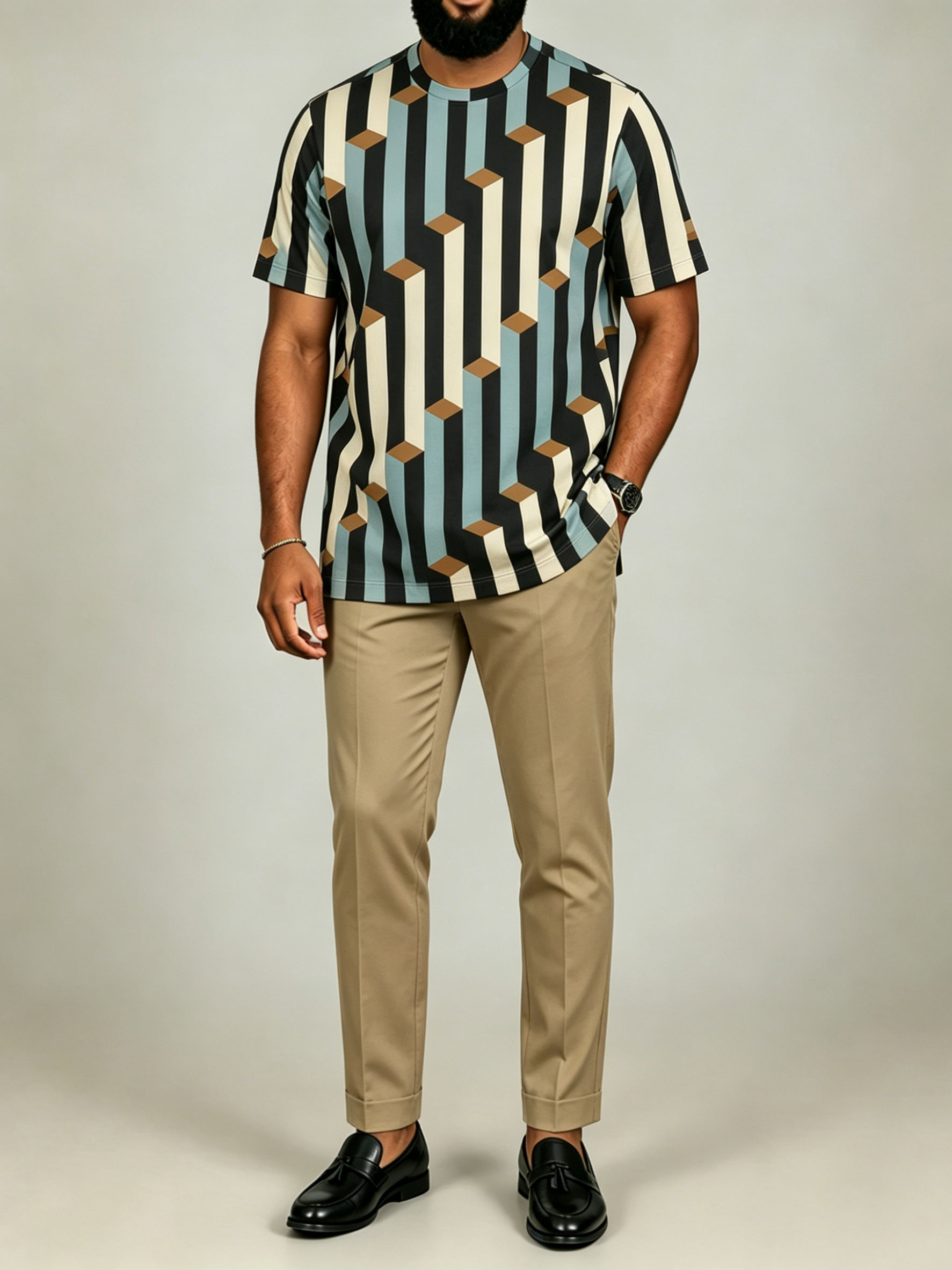 Men's Blue & Khaki Color Matching Striped Printed Short-Sleeved Suit
