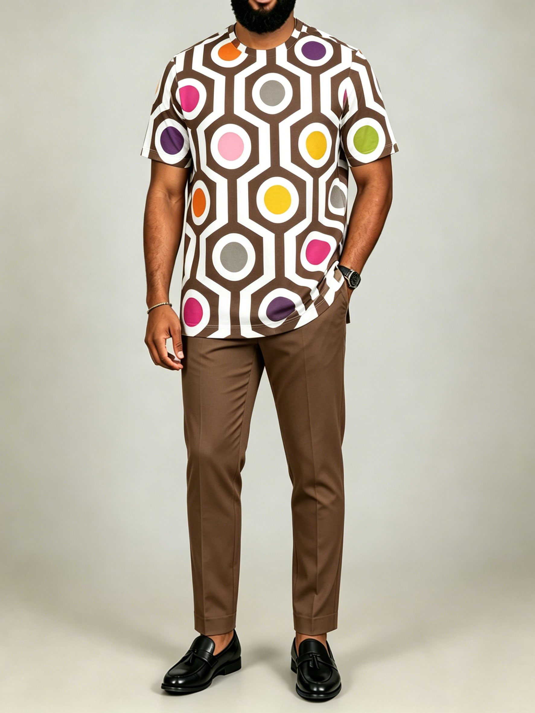 Men's Coffee & Multi Color Matching Geometric Printed Short-Sleeved Suit