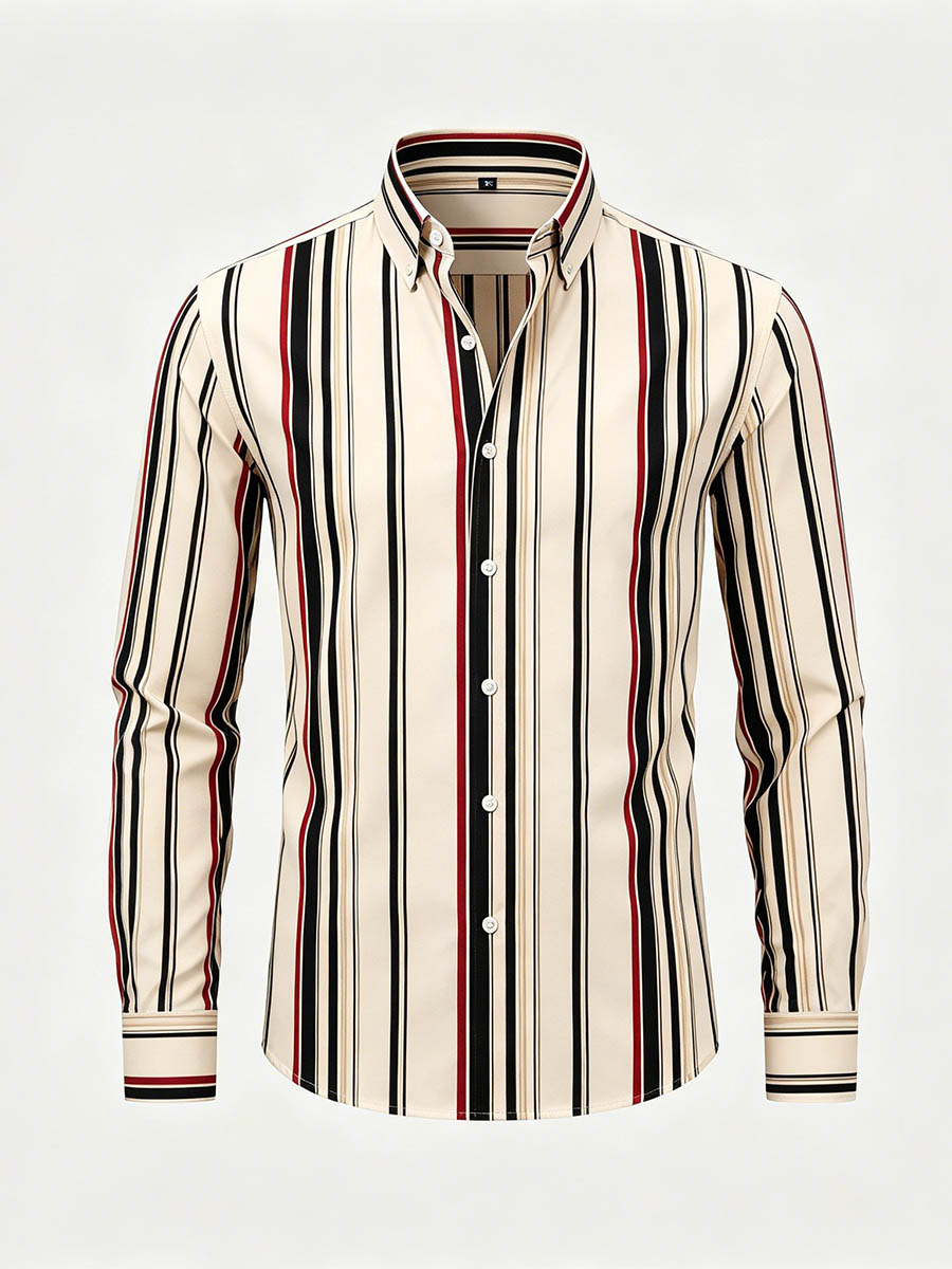 Men's Apricot Color Matching Striped Printed Long Sleeve Shirt