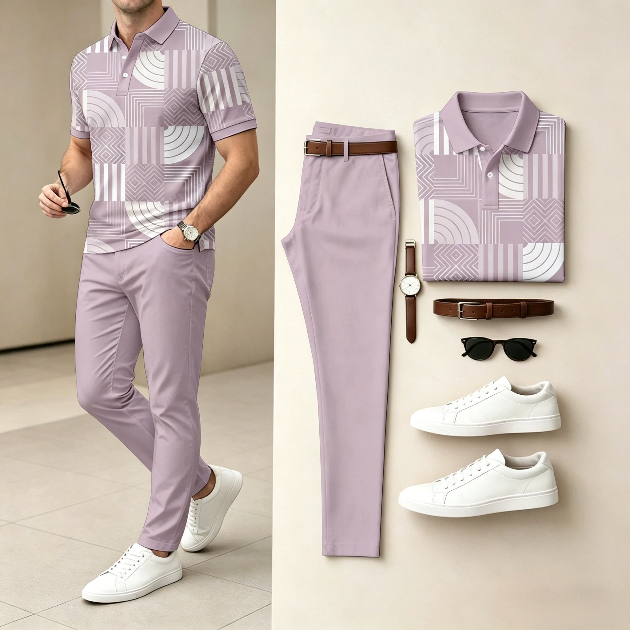 Men's Casual Purple Printed Polo Shirt And Pants Two-Piece Set