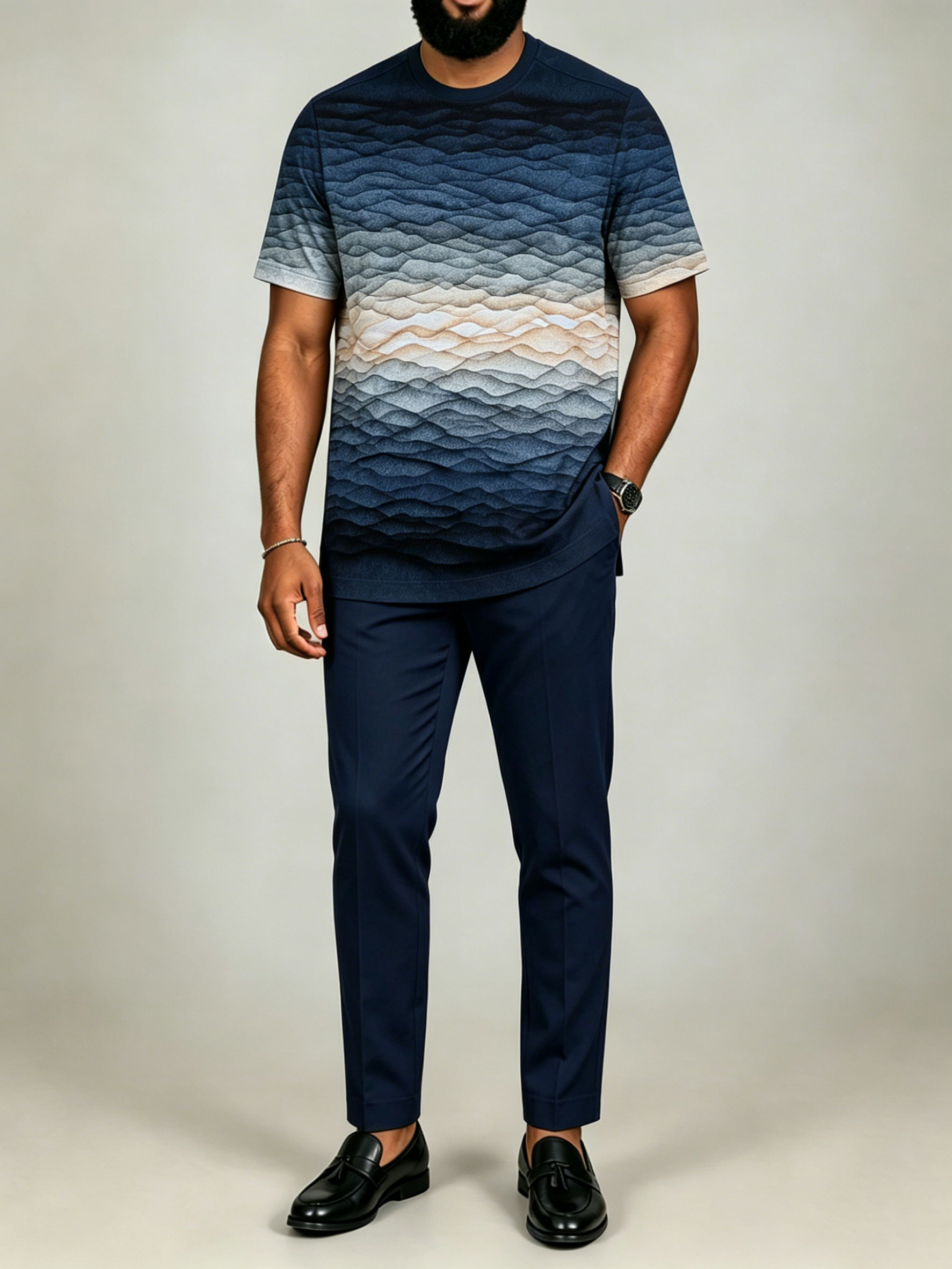 Men's Navy Blue Color Matching Geometric Printed Short-Sleeved Suit