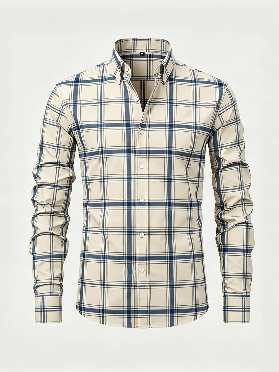 Men's Apricot Color Matching Checkered Printed Long Sleeve Shirt