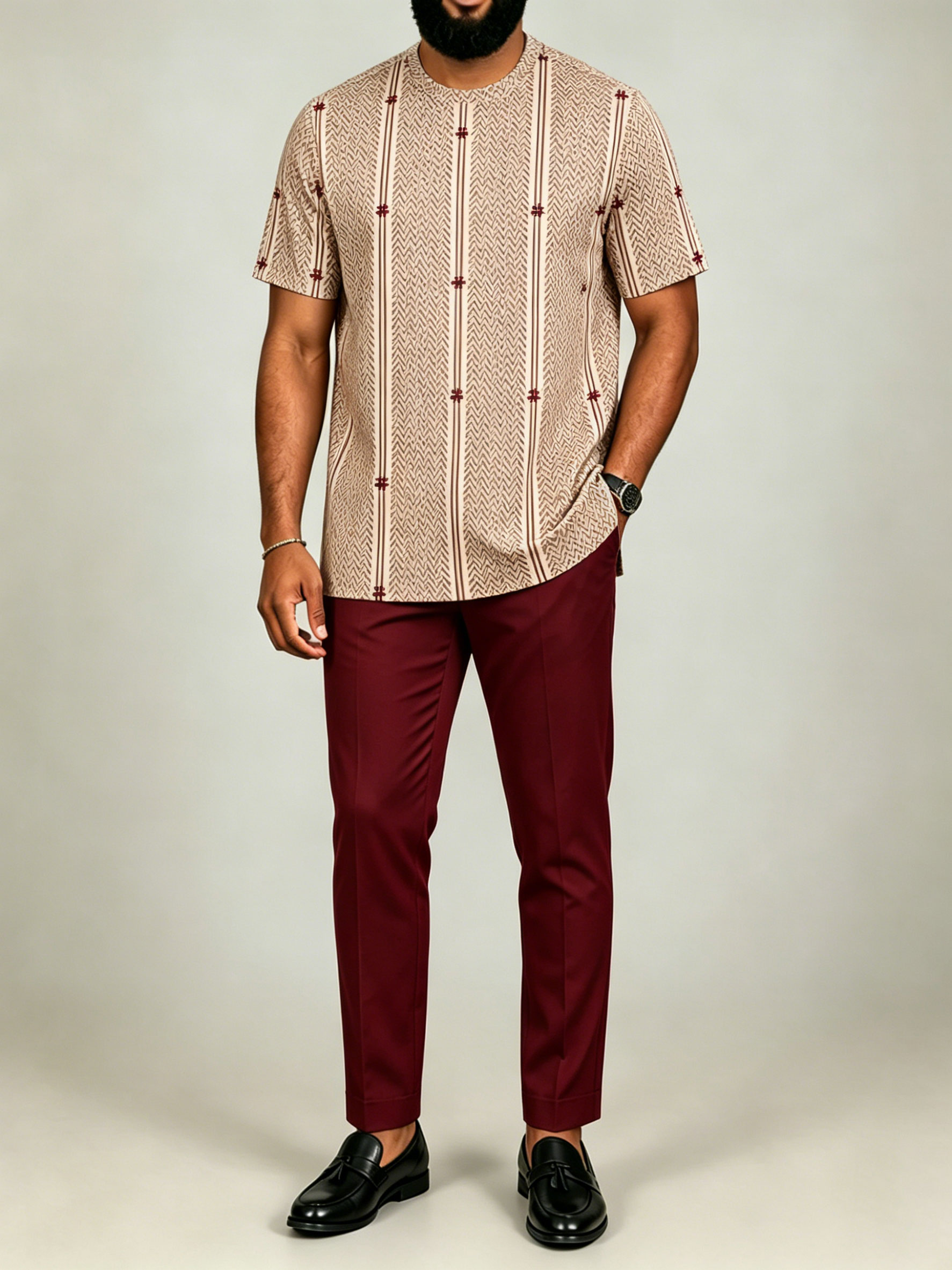 Men's Khaki & Burgundy Color Matching Geometric Printed Short-Sleeved Suit