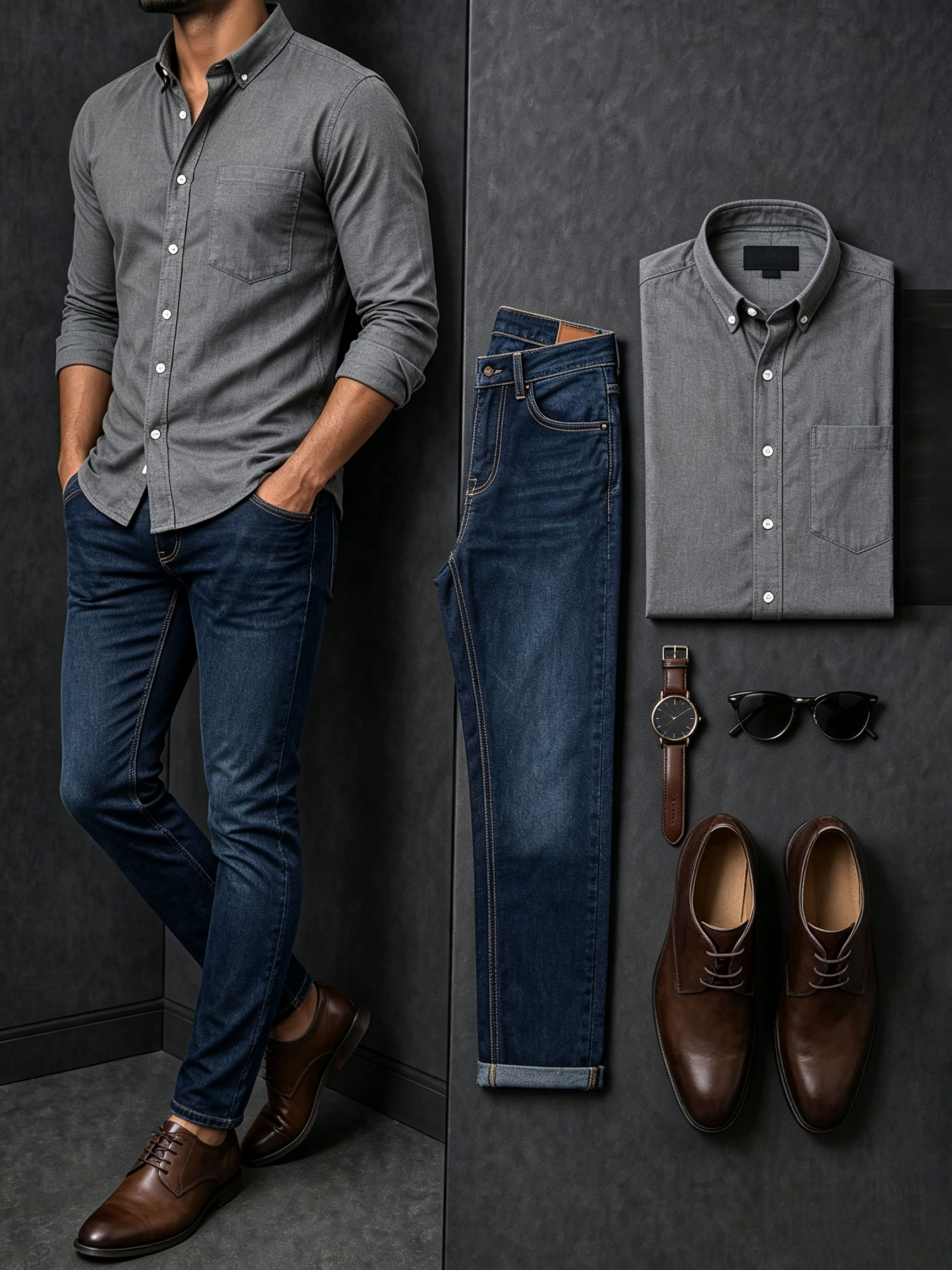 Men's Casual Gray Long Sleeves Shirt & Navy Blue Jeans Pants Two Piece Set