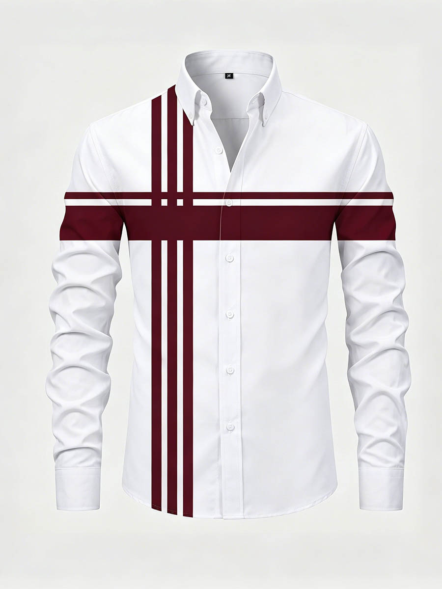Men's Burgundy & White Color Matching Striped Printed Long Sleeve Shirt