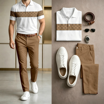 Men's Casual White &  Brown Checkered Printed Polo Shirt And Pants Two-Piece Set