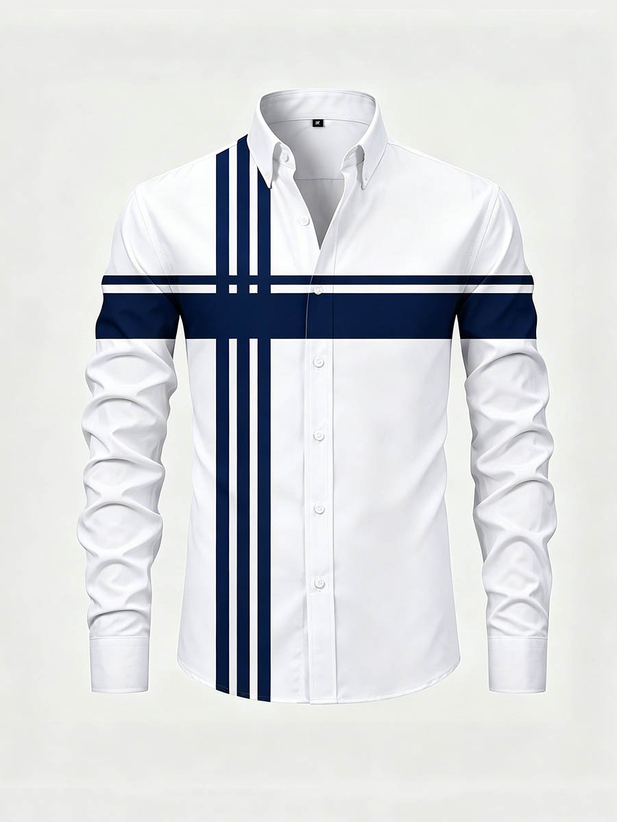 Men's Royal Blue & White Color Matching Striped Printed Long Sleeve Shirt