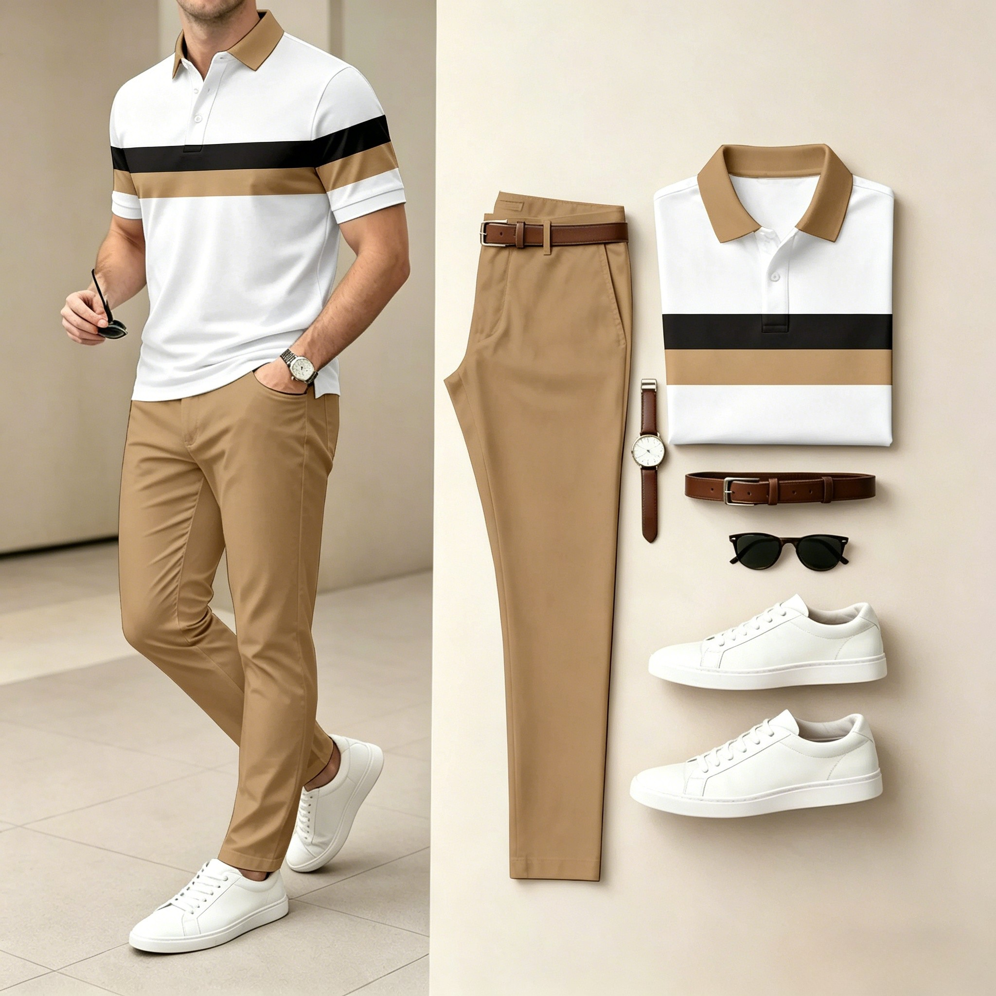 Men's Casual Printed Polo Shirt And Pants Two-Piece Set