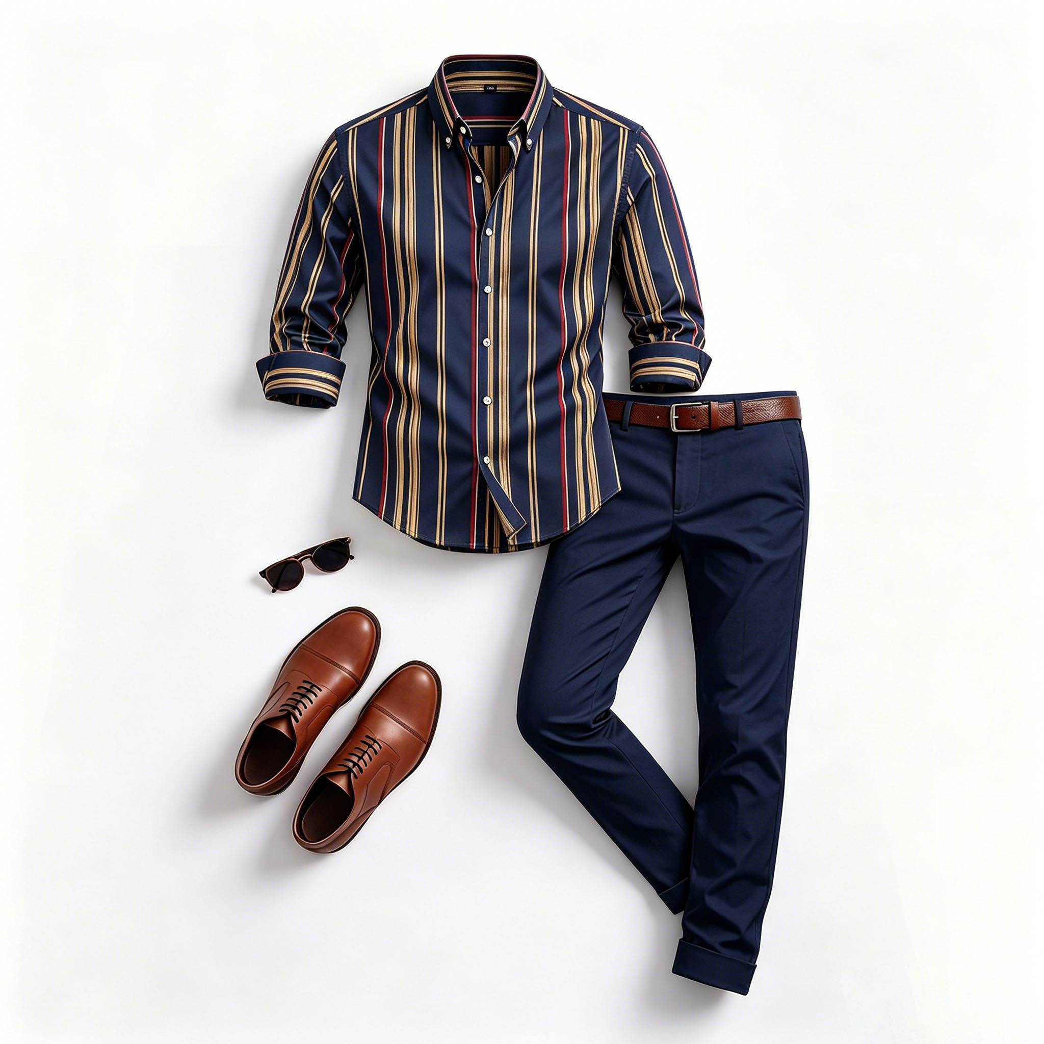 Men's Casual Navy Blue Color Matching Long Sleeves Shirt & Trousers Two Piece Set
