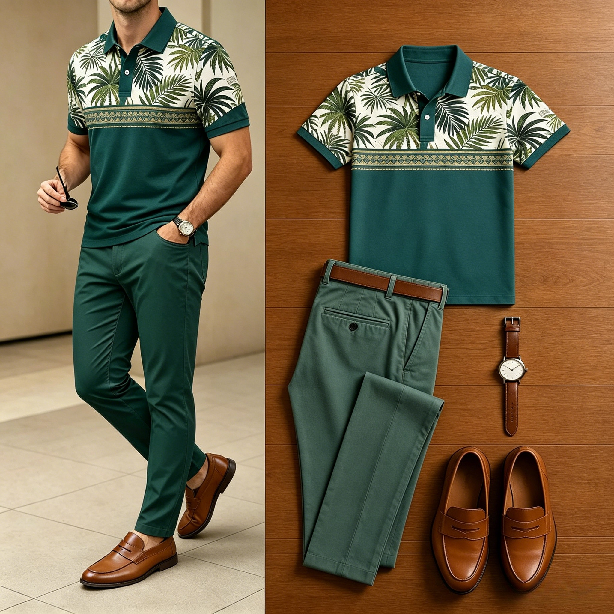 Men's Casual Palm Leaf Printed Color Block Polo Shirt And Pants Two-Piece Set