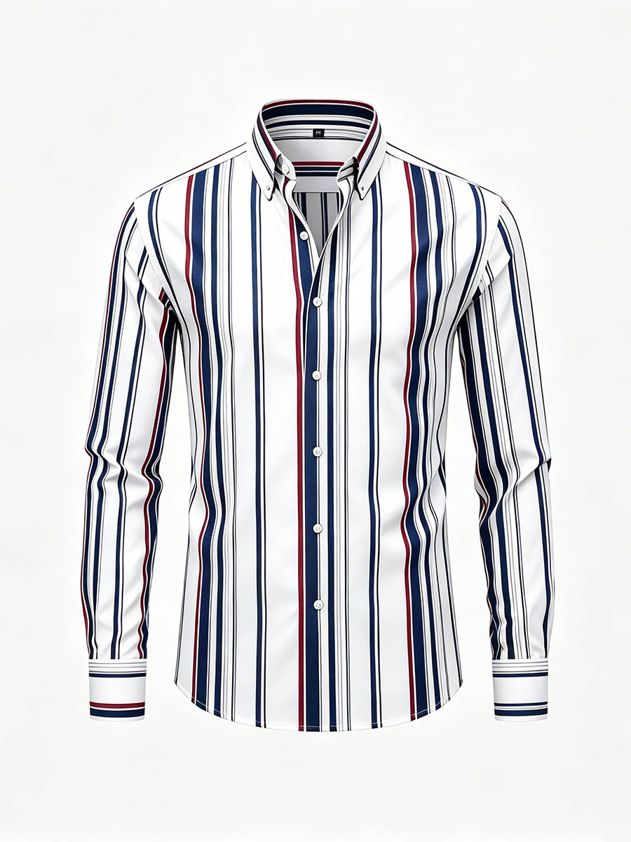 Men's Navy Blue & White Color Matching Striped Printed Long Sleeve Shirt
