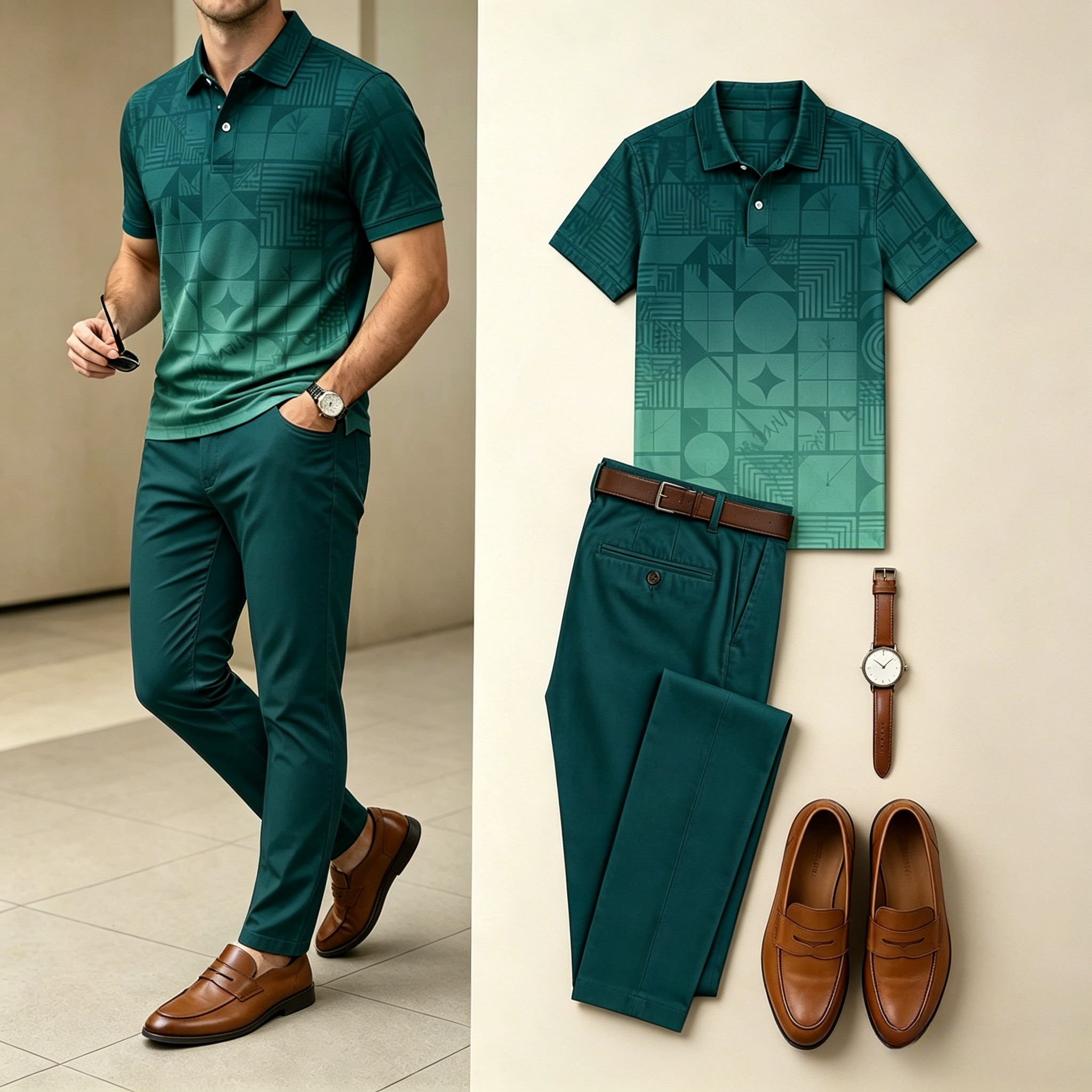 Men's Casual Gradient Geometric Printed Polo Shirt And Pants Two-Piece Set