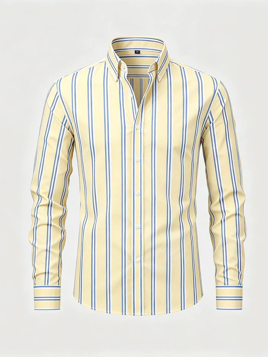Men's Yellow Striped Printed Long Sleeve Shirt
