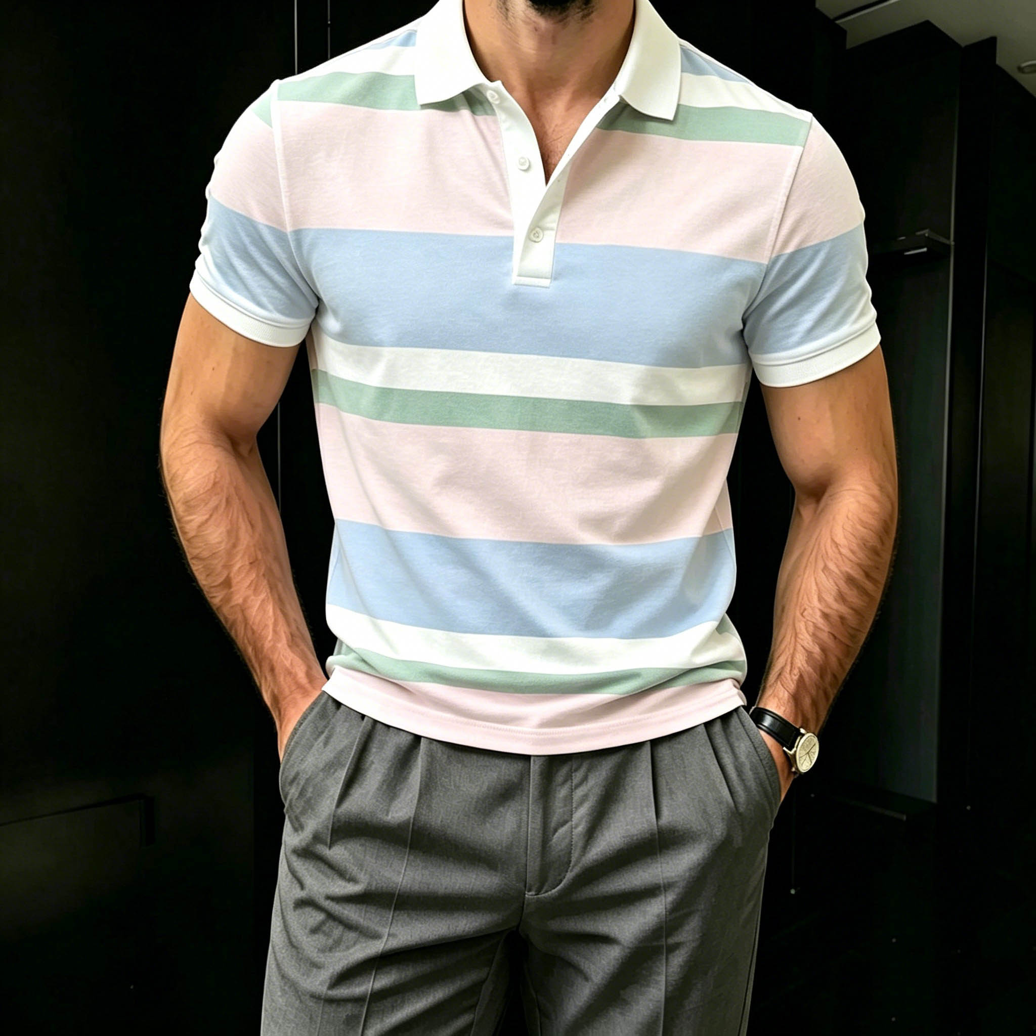 Men's Casual Light Pink & Light Blue Color Matching Striped Printed Short Sleeves Polo Shirt