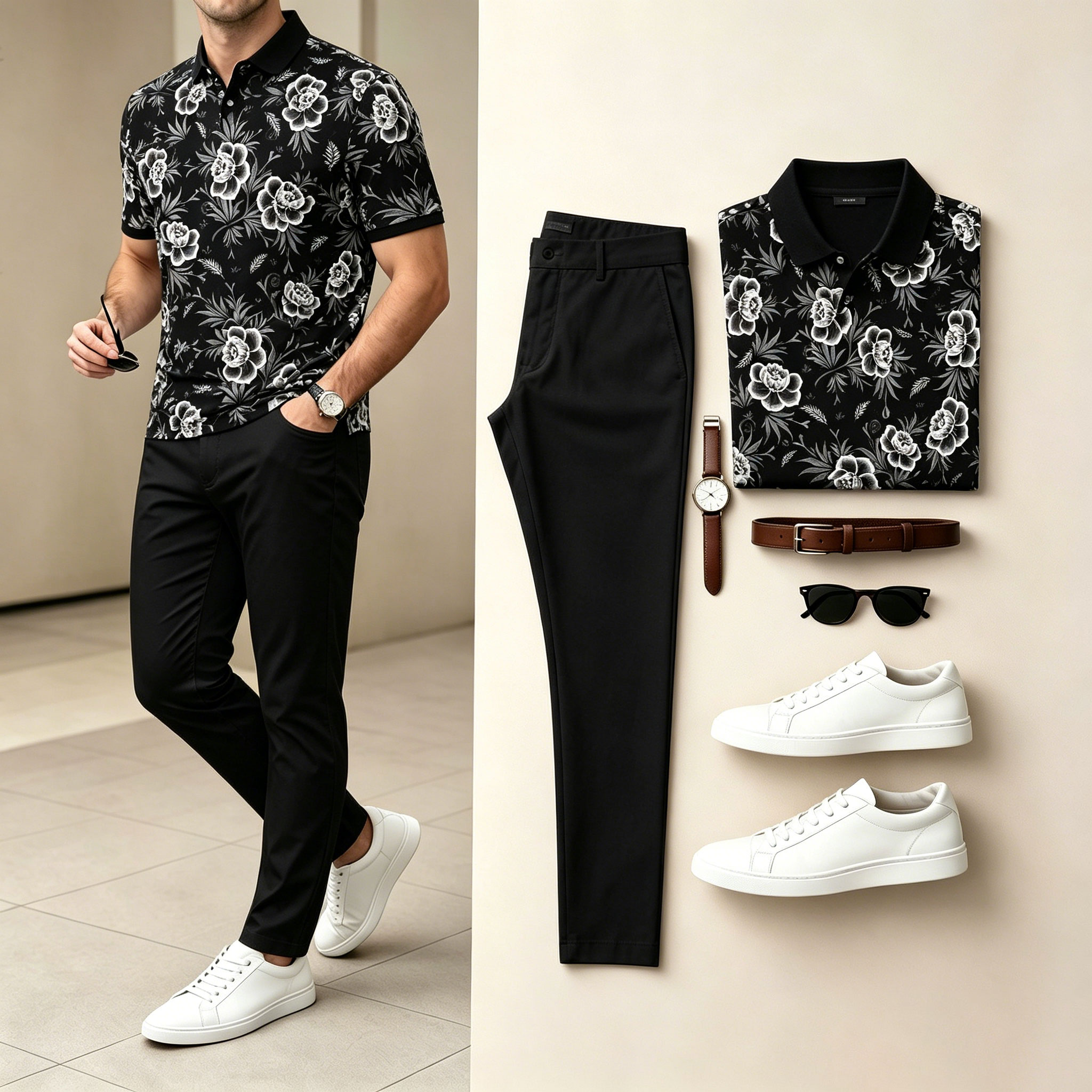 Men's Black & White Color Matching Floral Printed Short Sleeves Polo Shirt & Jeans Two-Piece Set