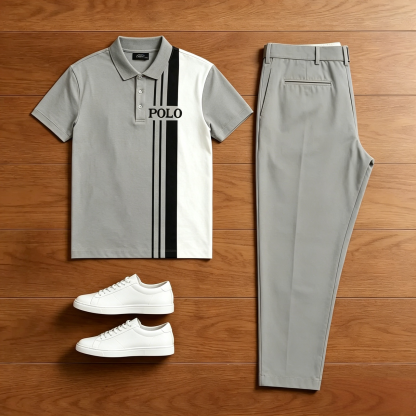 Men's Casual Black & Gray Color Matching Geometric Printed Short Sleeved Polo Shirt & Trousers Two-Piece Set