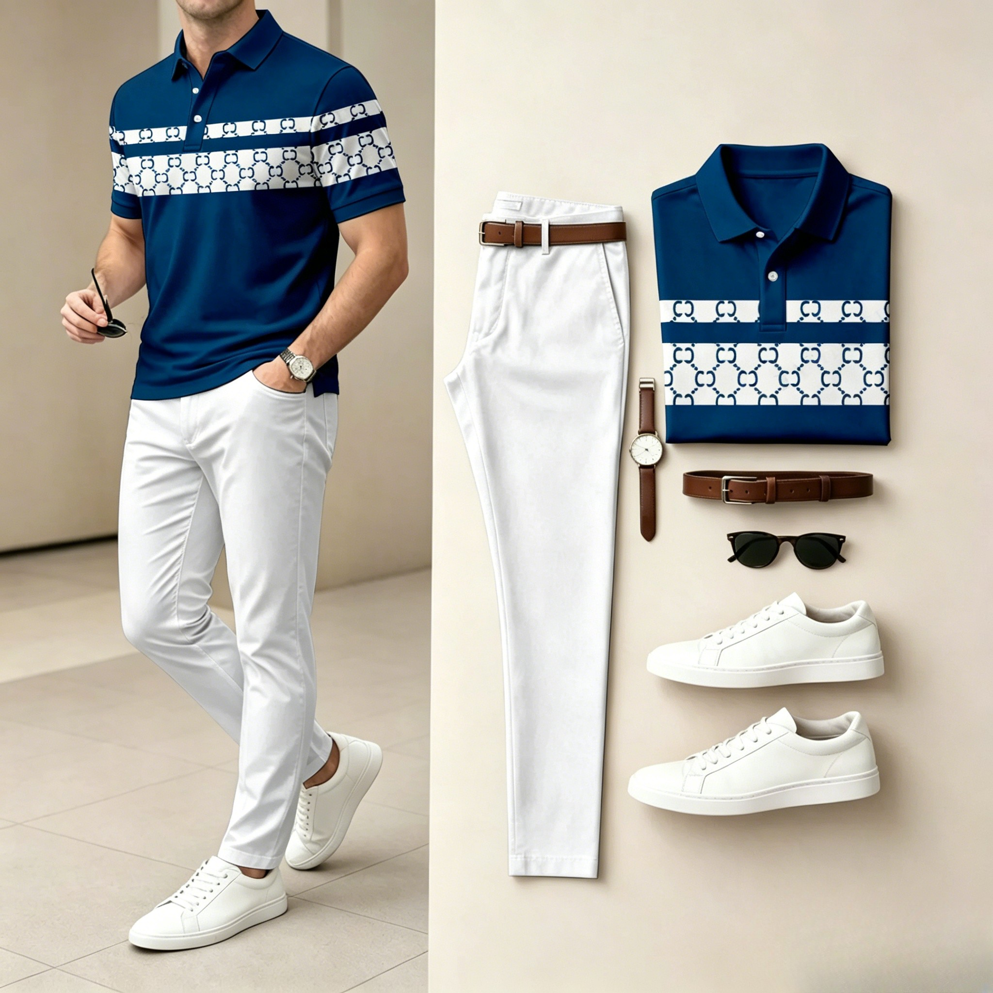 Men's Light And Mature Style, Simple Color Matching Short Sleeved Polo Shirt & Pants Two-Piece Set