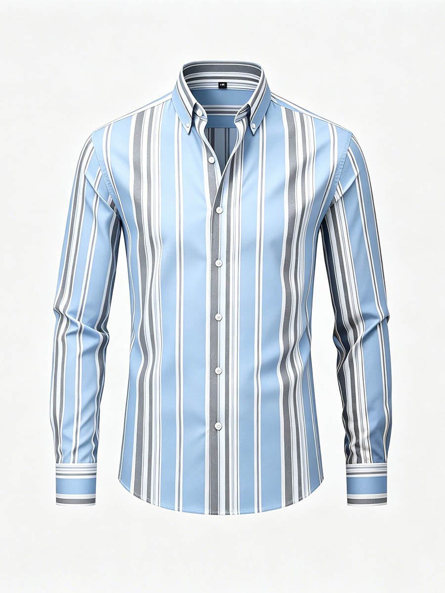 Men's Light Blue & White Color Matching Striped Printed Long Sleeve Shirt
