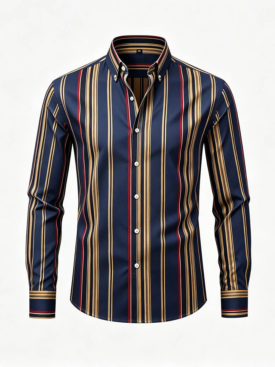 Men's Navy Blue & Gold Color Matching Striped Printed Long Sleeve Shirt