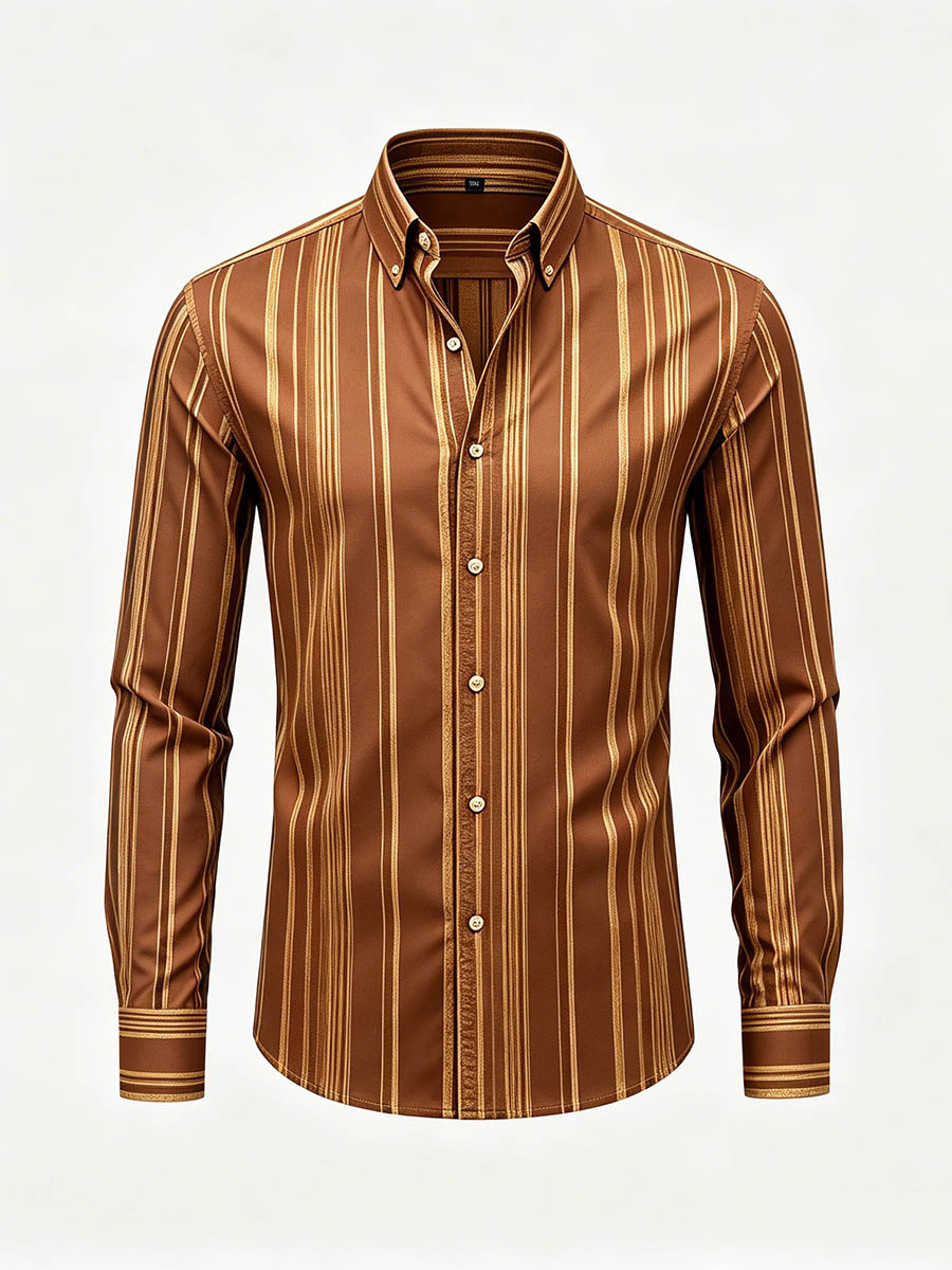 Men's Orange Brown & Gold Color Matching Striped Printed Long Sleeve Shirt