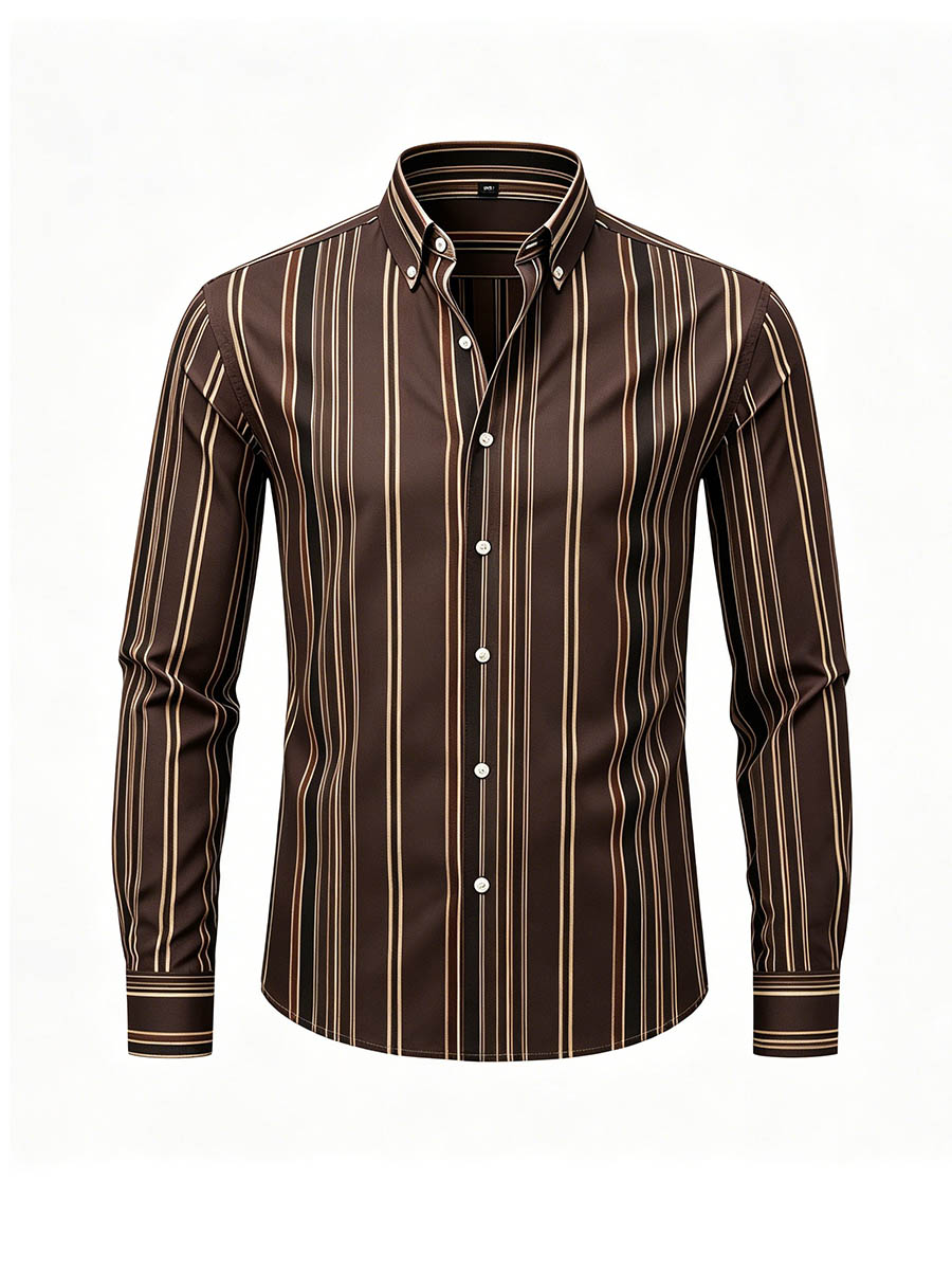 Men's Coffee Color Matching Striped Printed Long Sleeve Shirt