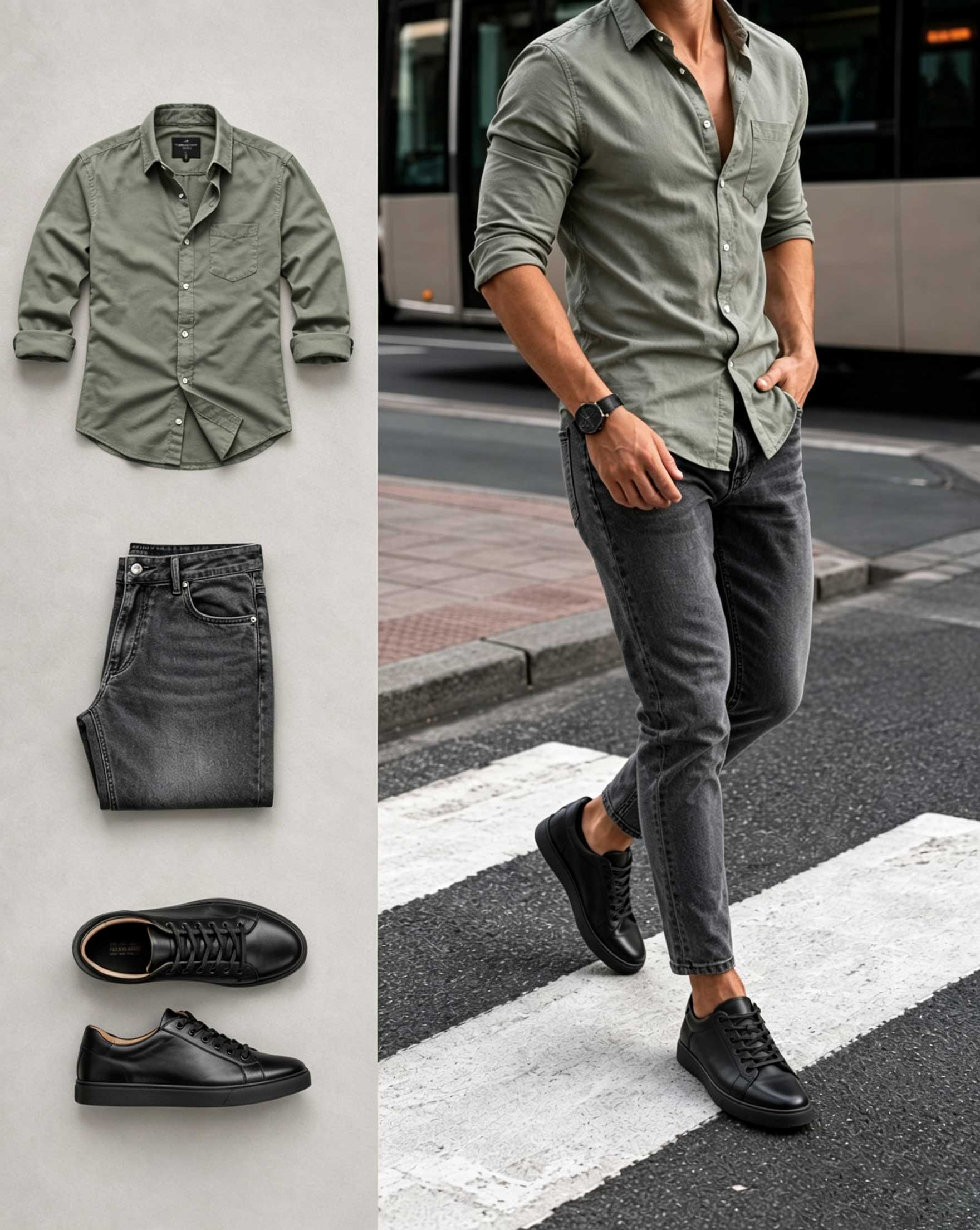 Men's Casual Light Army Green Long Sleeve Shirt & Gray Pants Two-Piece Set
