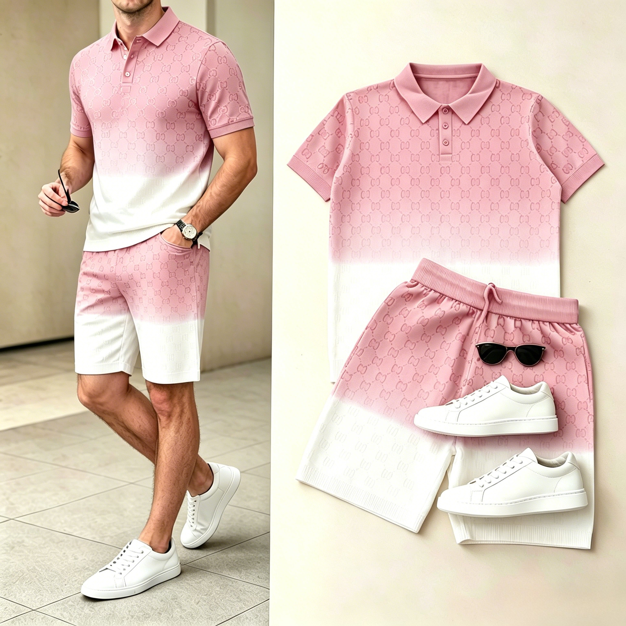 Men's Casual Pink White Gradient Polo Shirt & Shorts Two-Piece Set