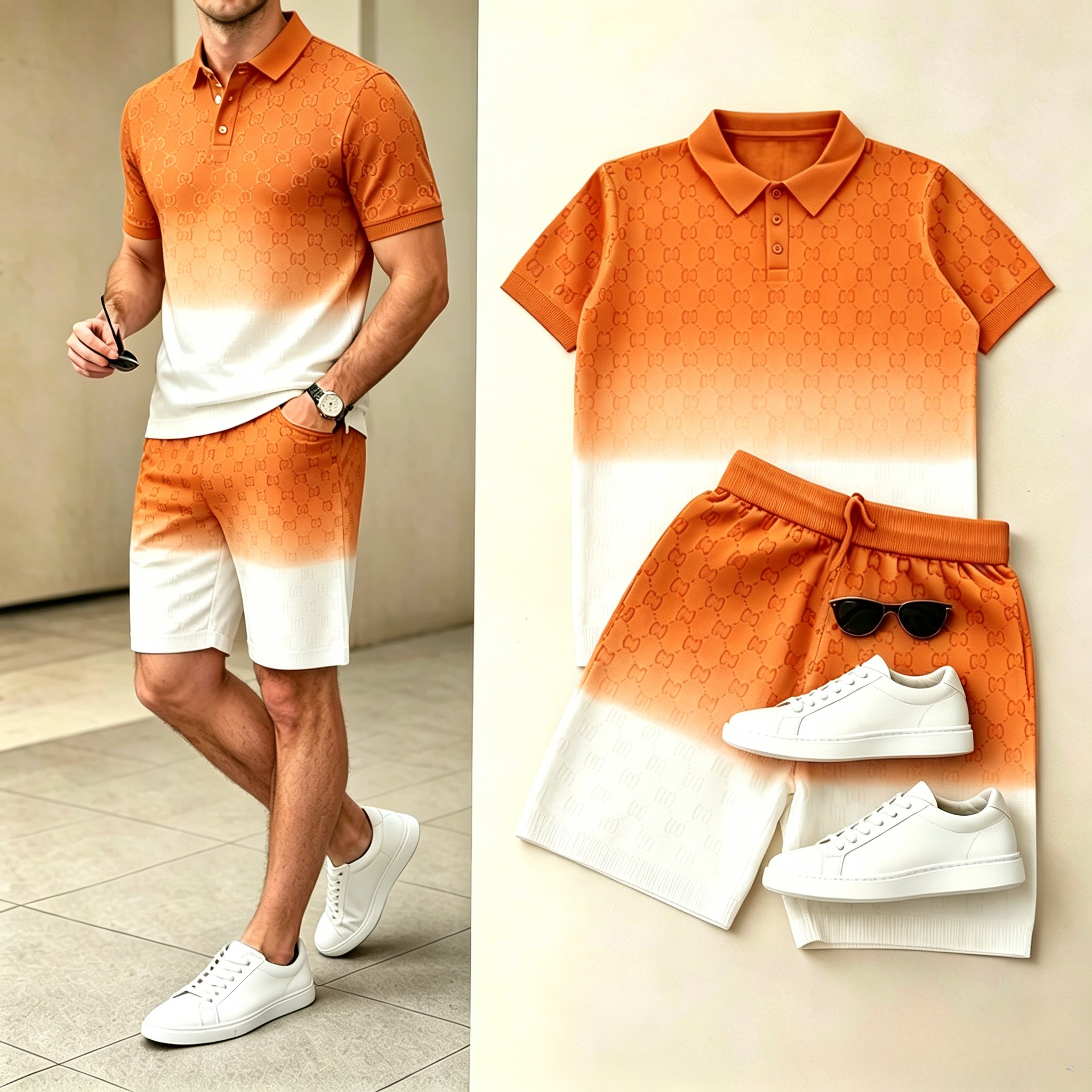 Men's Casual Orange White Gradient Polo Shirt & Shorts Two-Piece Set