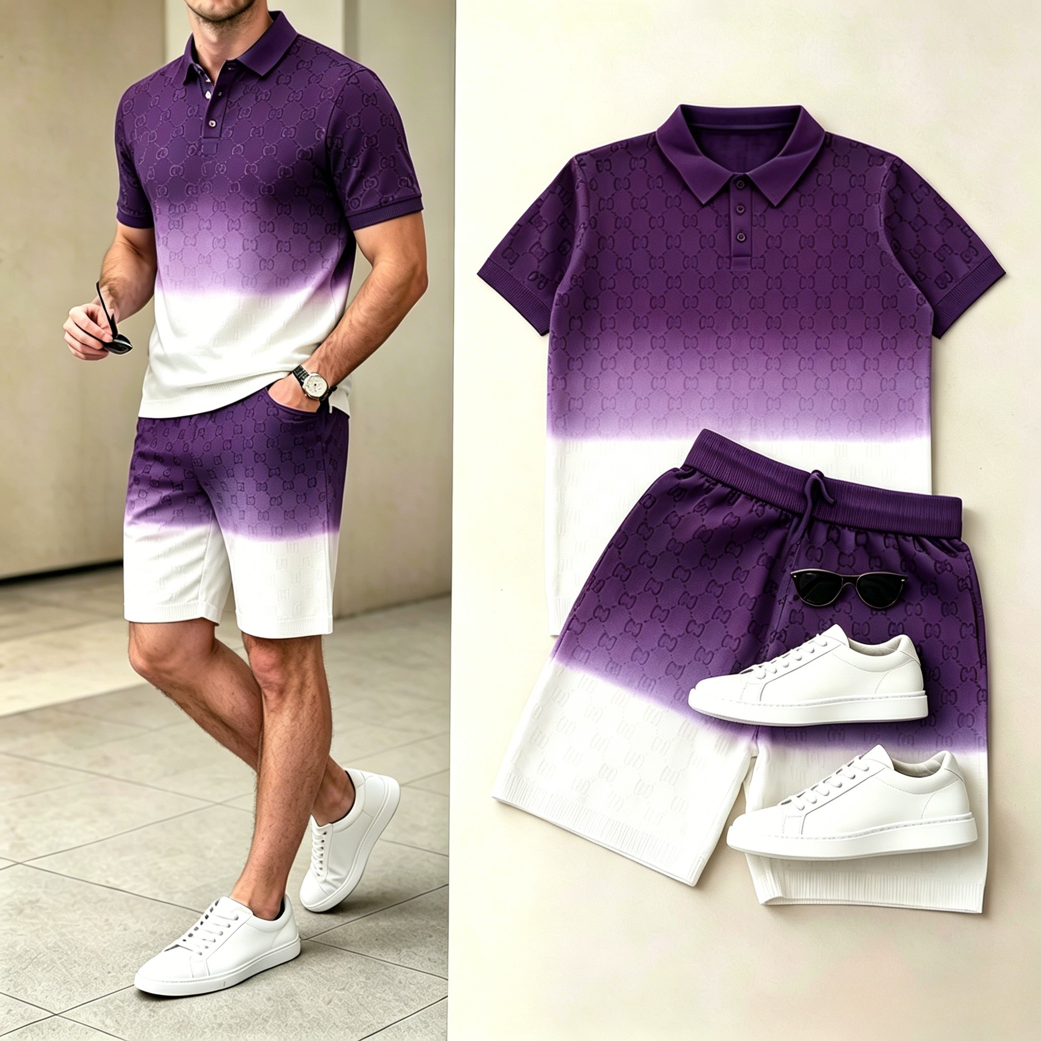 Men's Casual Purple White Gradient Polo Shirt & Shorts Two-Piece Set