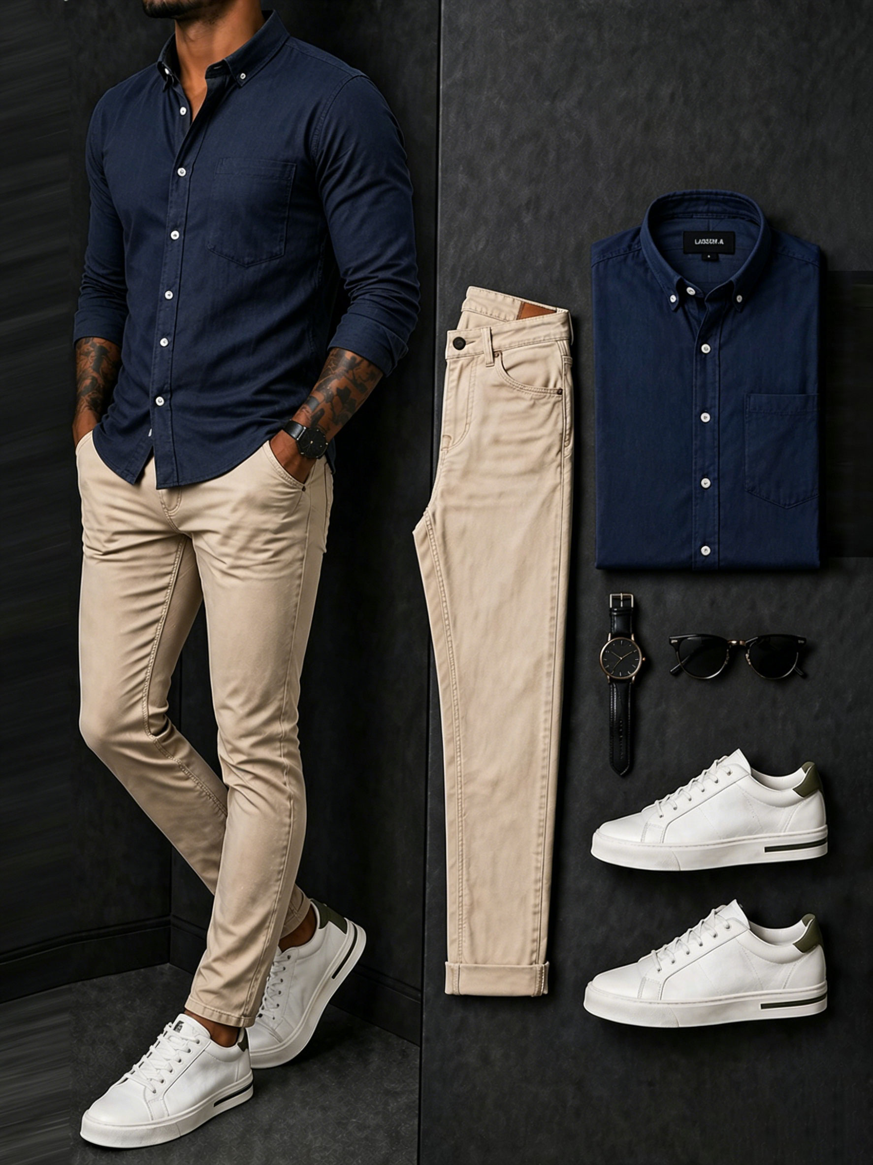 Men's Navy Blue & Khaki Color Matching Long-Sleeve Shirt & Trousers Two-Piece Set